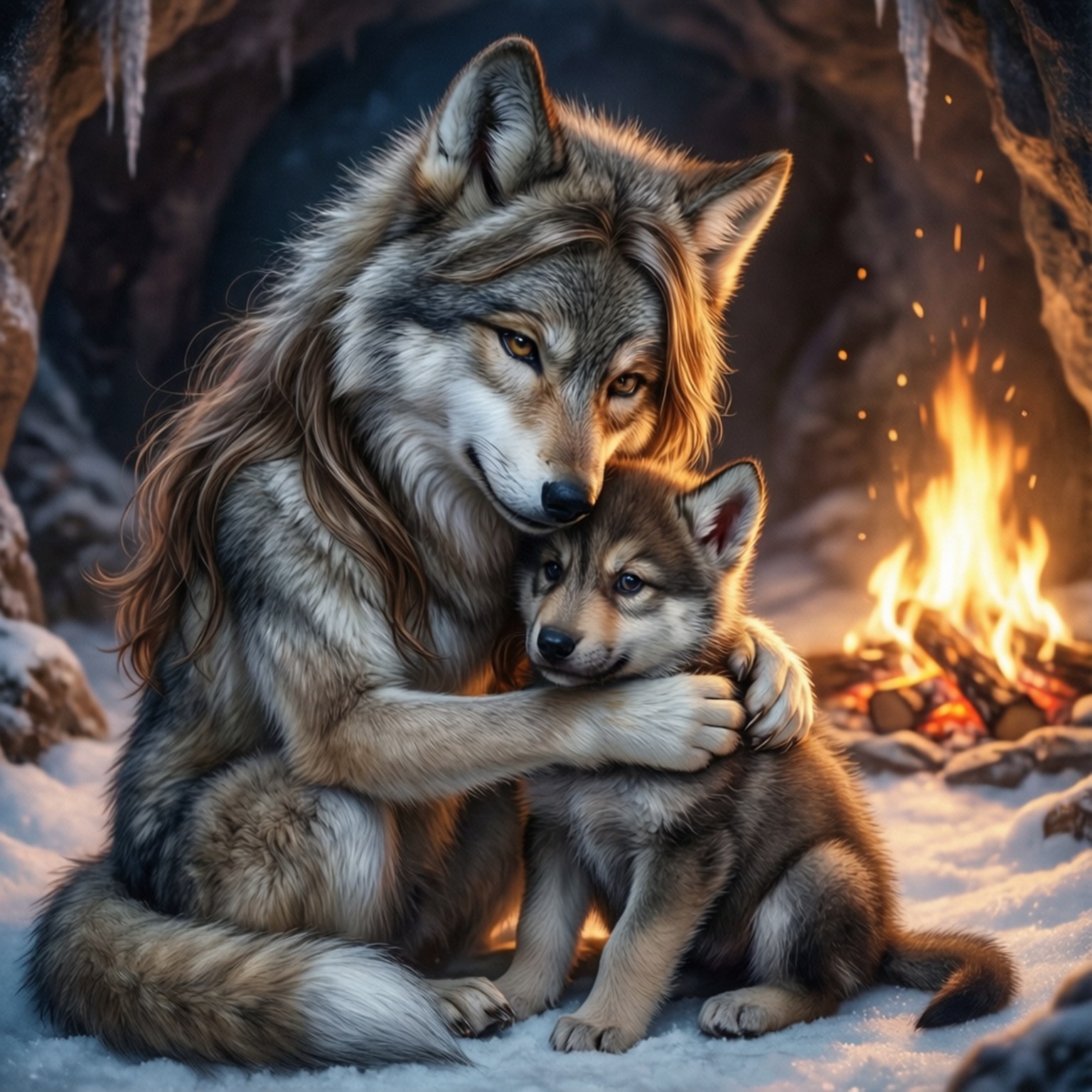 Winter Den Cuddles 壁紙 — 一隻母狼在雪洞中懷抱著她的幼崽，身後溫暖的火焰劈啪作響。