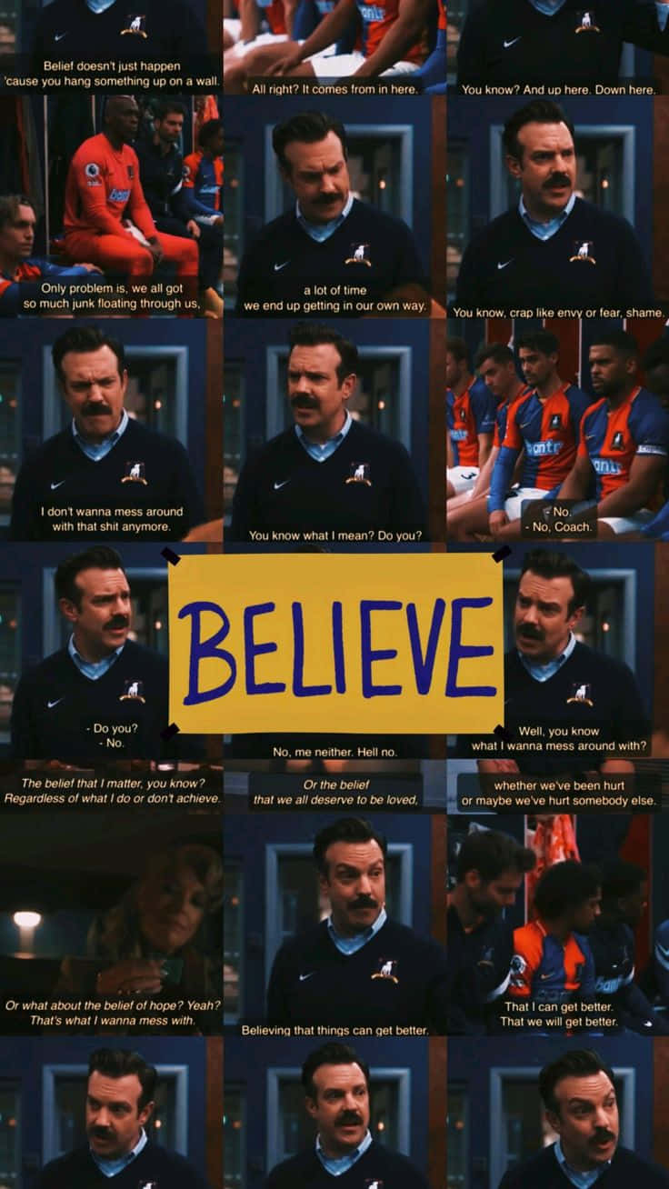  壁紙 — 一幅勵志拼貼畫，教練正在與球員交談，中央有一個大大的「BELIEVE」標誌。