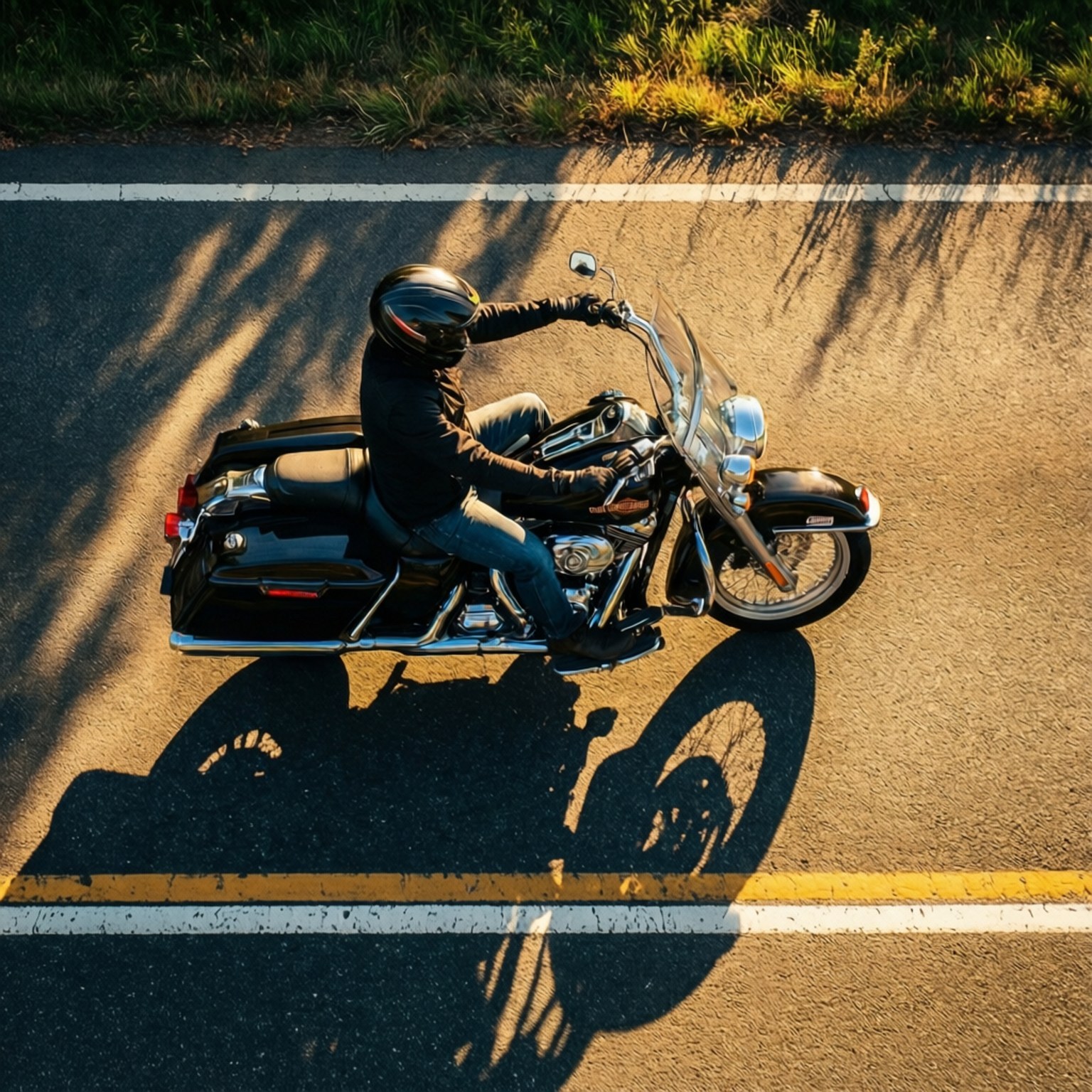 Top-Down Rider 壁紙 — 一名摩托車手騎著黑色巡航車在陽光明媚的道路上行駛，頭頂樹枝投下長長的影子。