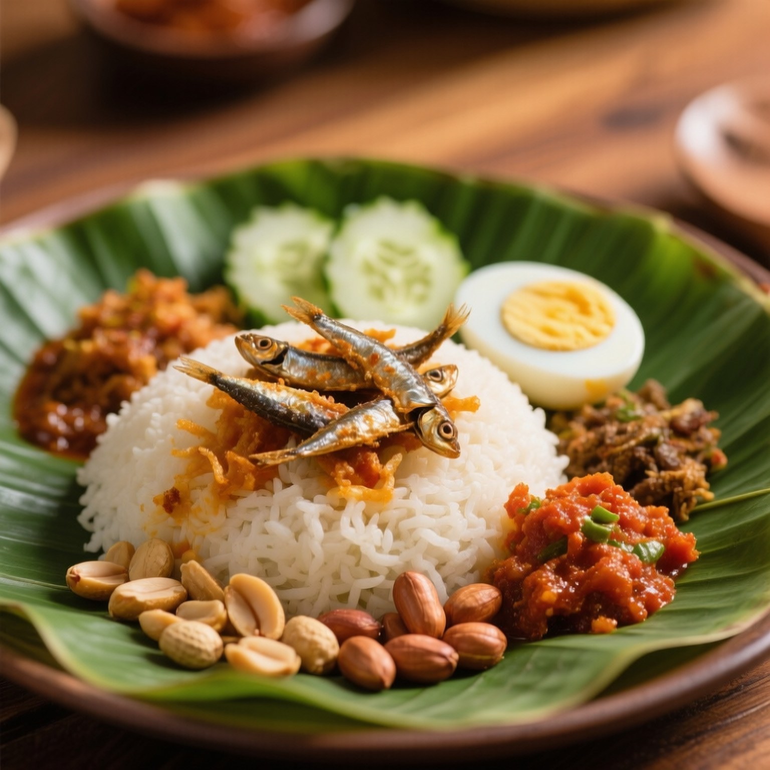 Nasi Lemak Delight 壁紙 — 一堆白飯，上面放著炸鯷魚、黃瓜片和一個水煮蛋，放在香蕉葉上，配上花生和參巴醬。