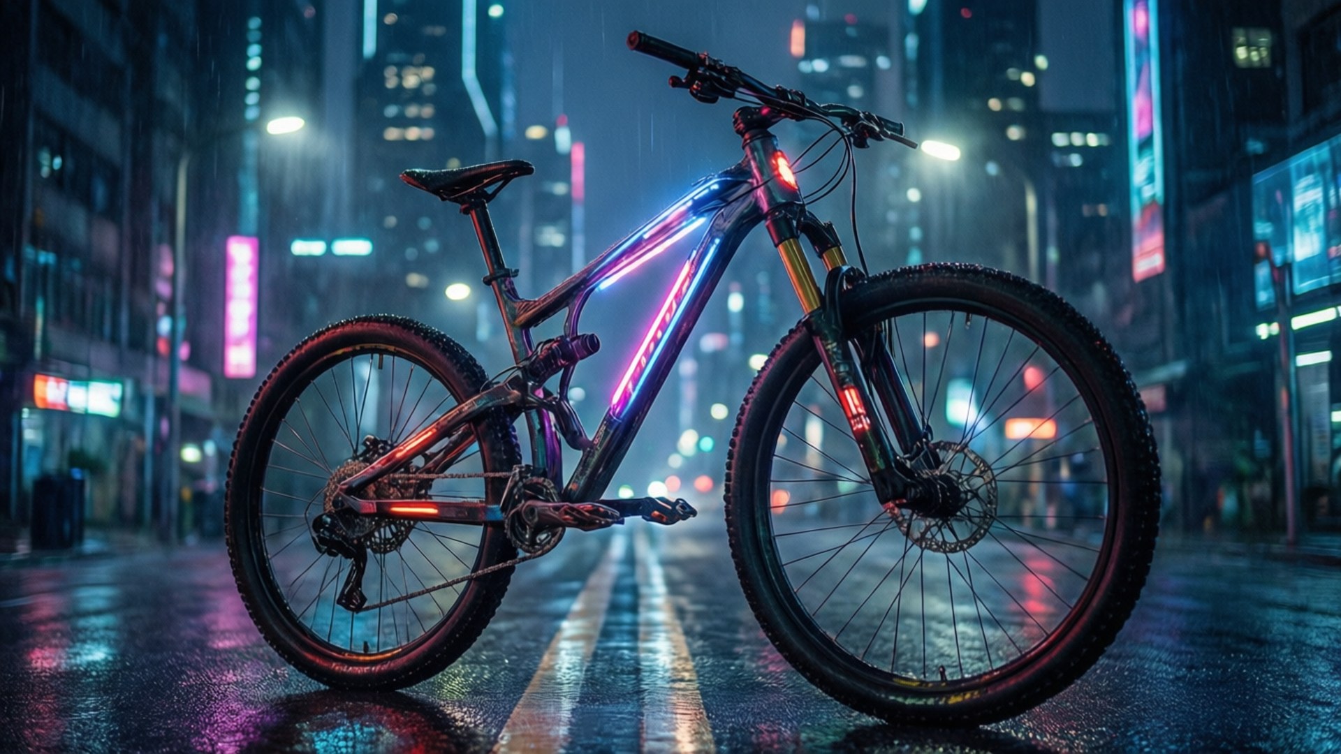 Neon Night Ride 壁紙 — 一輛帶有發光霓虹燈的山地自行車在夜間停在潮濕的雨滑城市街道上，下方是發光的霓虹招牌。