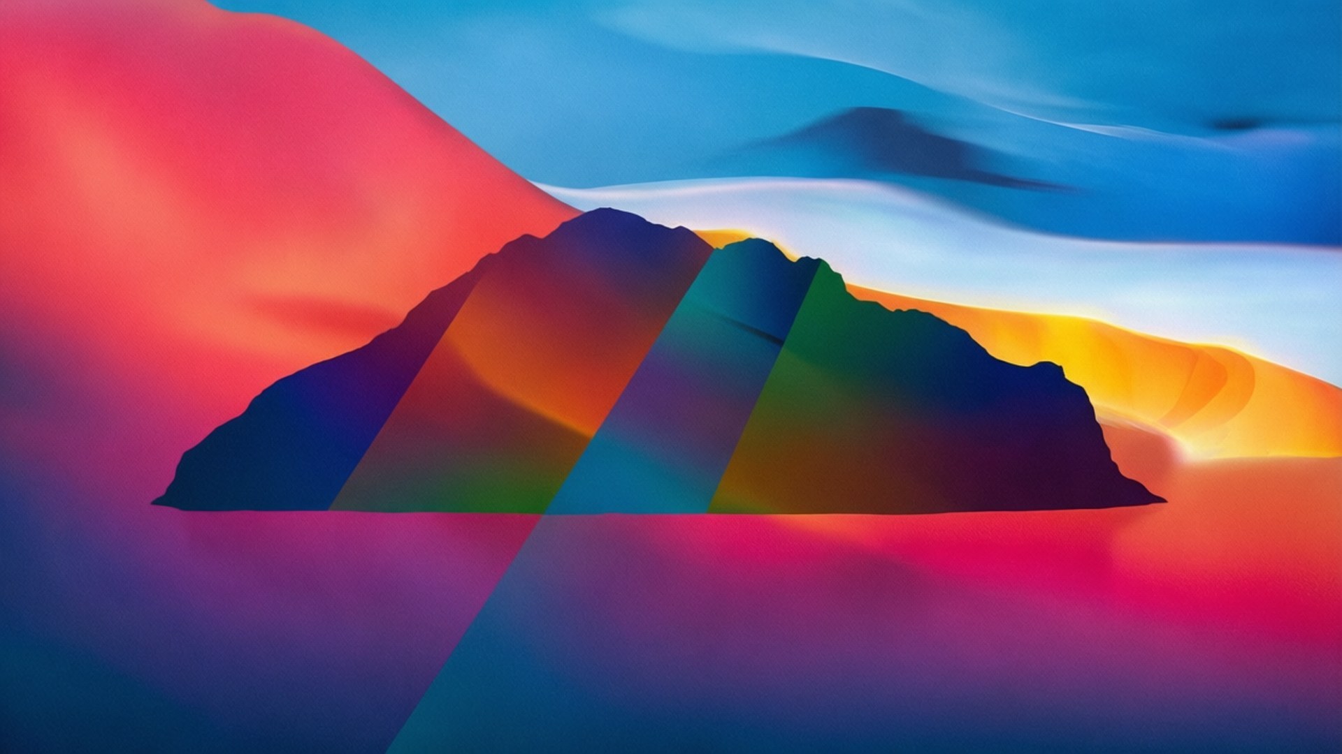 Abstract Gradient Island 壁紙 — 一座山的剪影，以彩虹漸變色生動地著色，背景是流動的天空，帶有粉紅、藍和橙色的色調。