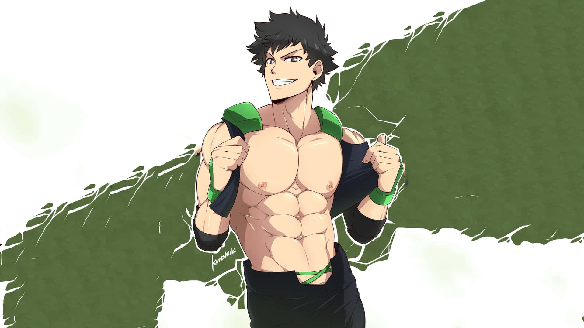  壁紙 — 一個肌肉發達的動漫男人，黑髮帶有綠色點綴，在綠色和白色裂紋背景前撕開襯衫，露出清晰的腹肌。