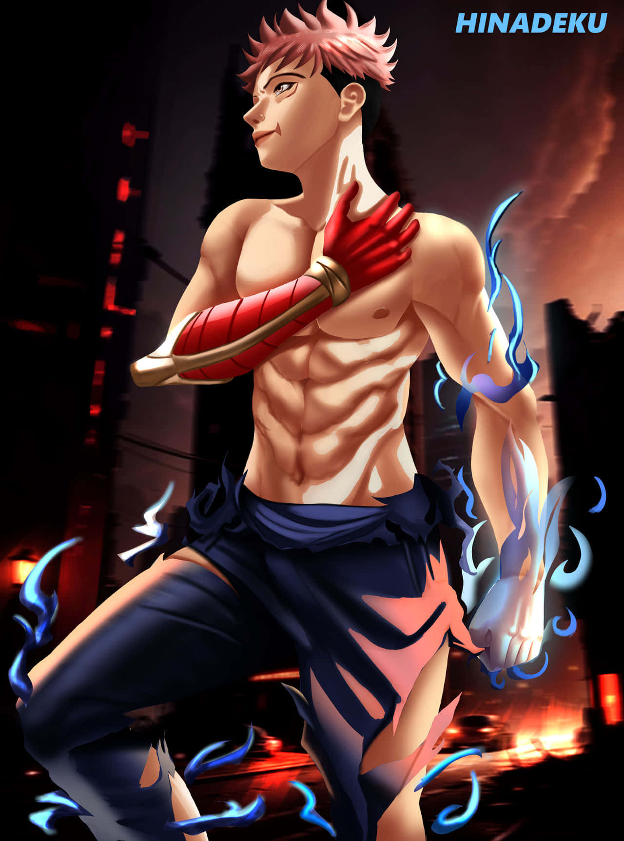  壁紙 — 一個肌肉發達的動漫男人，粉紅色頭髮和紅色臂帶，站在一個火熱的城市夜景中，藍色能量在他周圍旋轉。