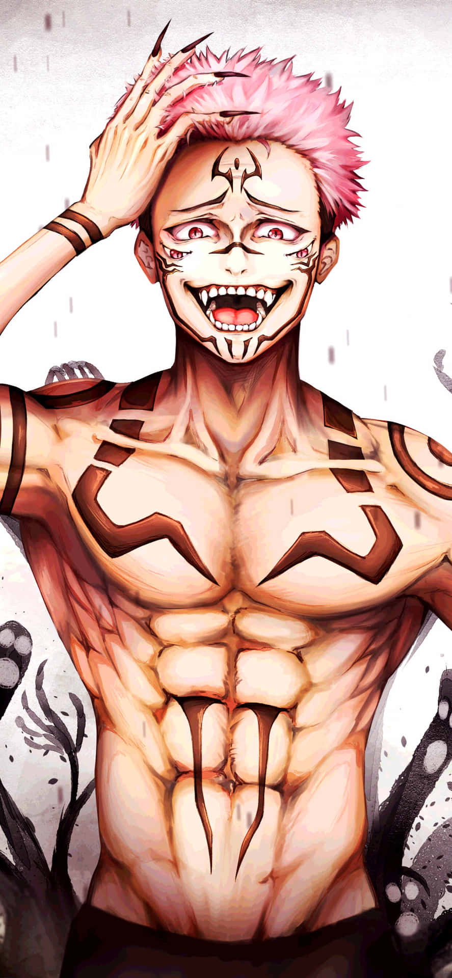  壁紙 — 一個肌肉發達的動漫男人，粉紅色頭髮和部落標記，在雨水落下的時候狂野地大笑。