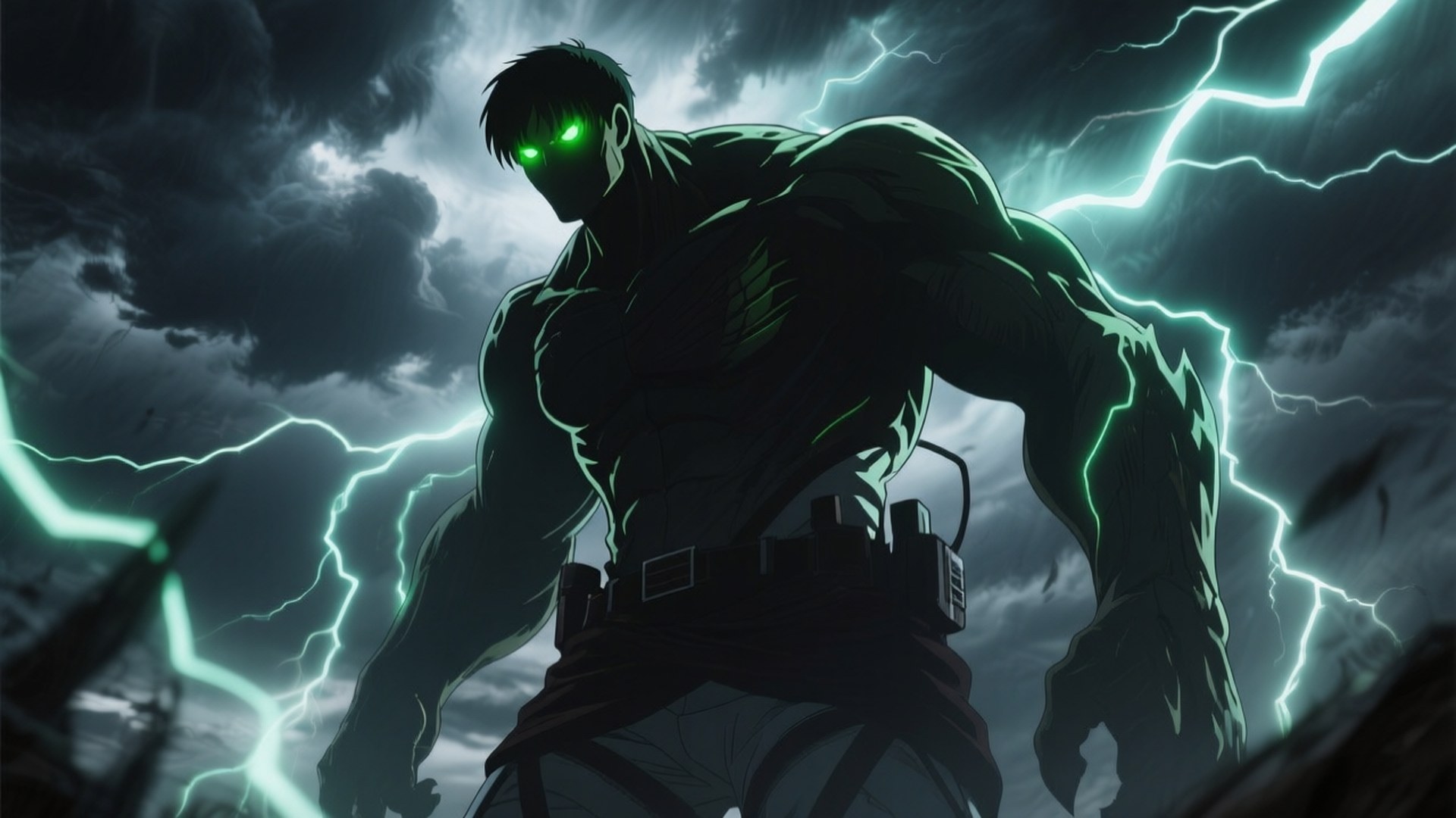 Eren Titan Rage 壁紙 — 一個肌肉發達的動畫巨人，擁有發光的綠色眼睛，周圍閃電劈啪作響，背景是暴風雨的天空。