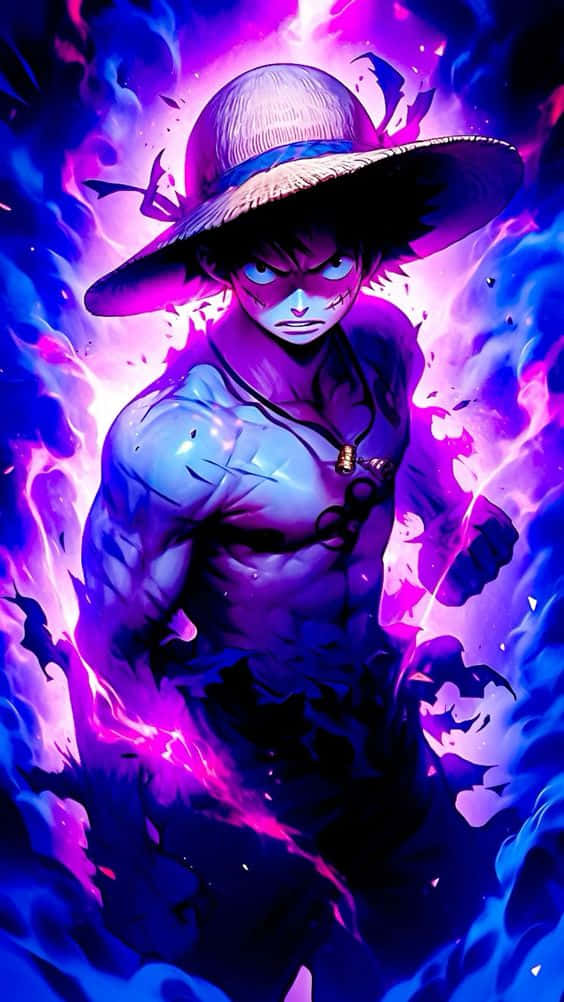  壁紙 — 一個肌肉發達的動漫戰士戴著草帽，挑釁地站在旋轉的紫色和藍色能量火焰中。