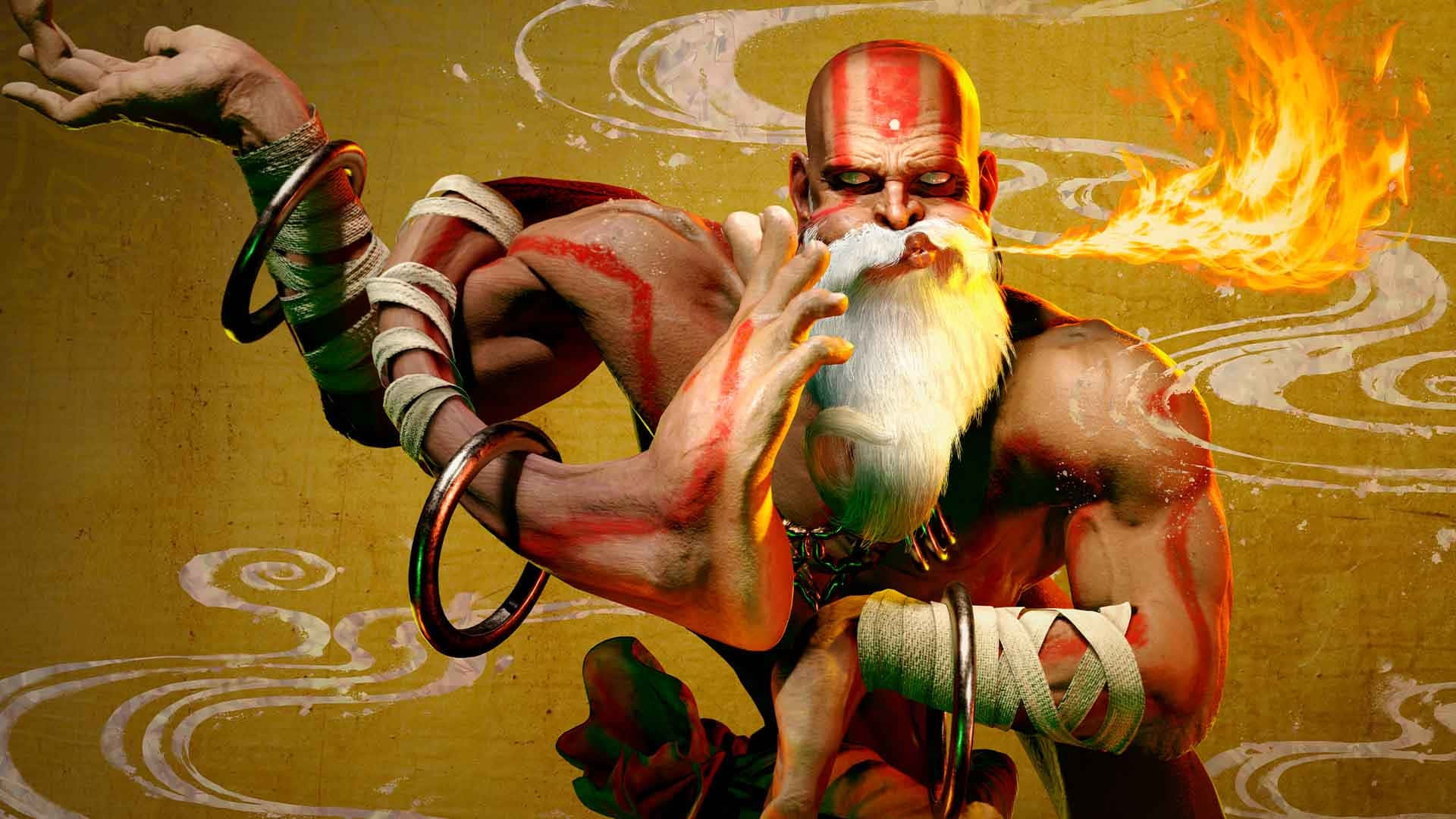  壁紙 — 一個肌肉發達的光頭戰士，留著白鬍子，帶有紅色標記，在金色漩渦背景下噴火。