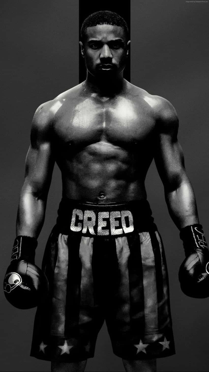  壁紙 — 一個肌肉發達的拳擊手以黑白風格凝視，穿著 'CREED' 短褲和手套，背景是單調的灰色。