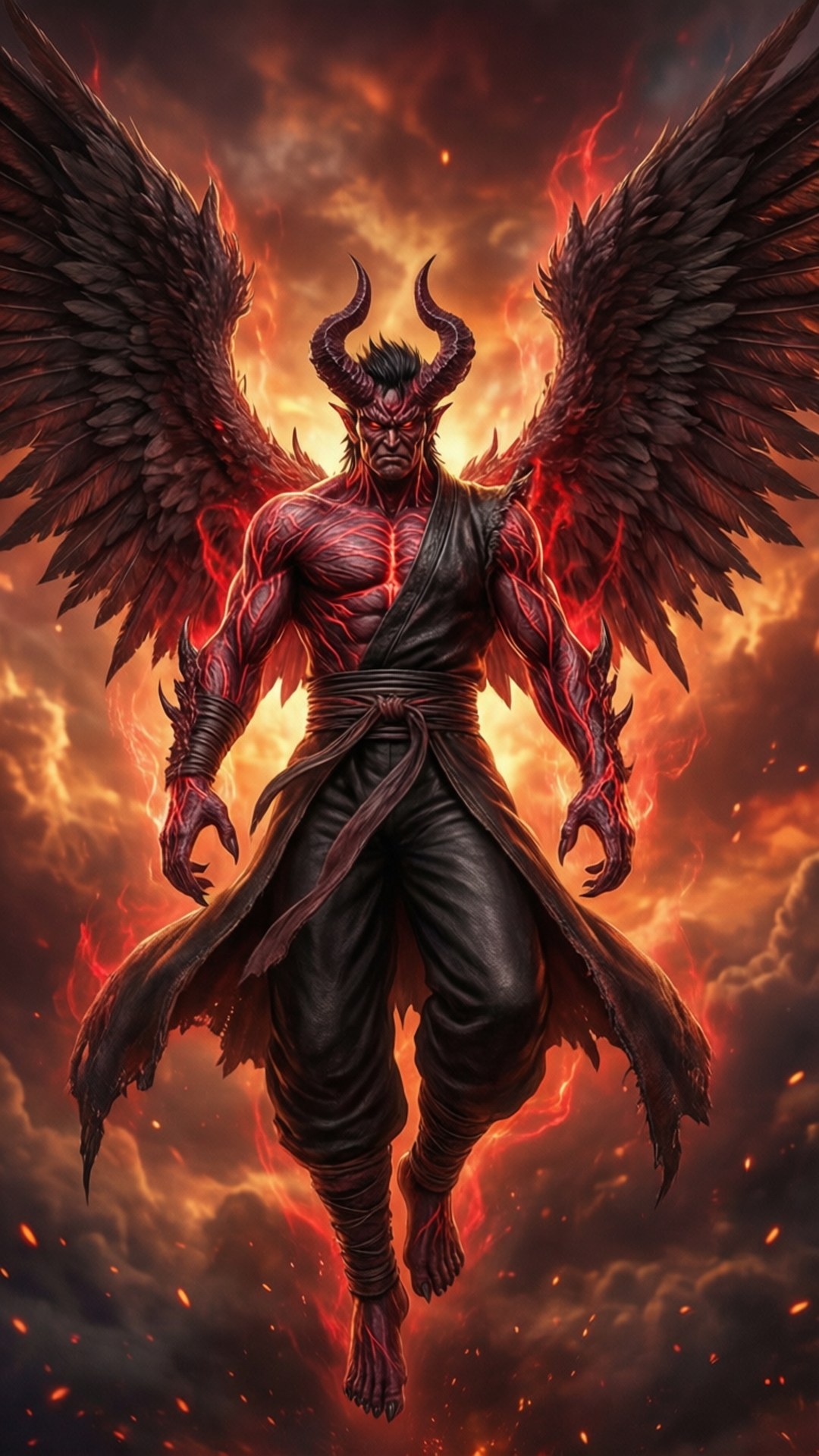 Devil Jin's Ascension 壁紙 — 一個肌肉發達的惡魔，長著黑色翅膀和角，漂浮在熾熱的橙色和紅色暴風雨中。