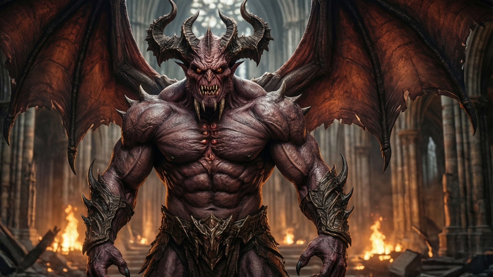 True Form Diablo 壁紙 — 一個肌肉發達的惡魔形象，有角、翅膀和尖刺盔甲，威嚇地站在燃燒的大教堂中。