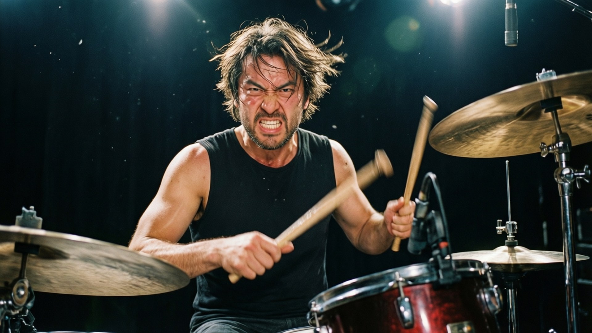 Rock Drummer Action 壁紙 — 一位肌肉發達、頭髮狂野的鼓手在明亮的舞台燈光下猛烈敲擊鼓並大聲尖叫。
