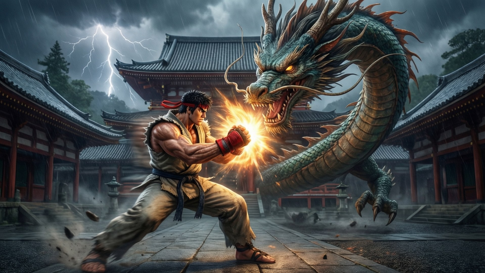 卡普空 桌布 壁紙 — 在傳統日本寺廟庭院中，一名肌肉發達的戰士擺出武術姿勢，在暴風雨的天空下與咆哮的綠色巨龍交鋒。