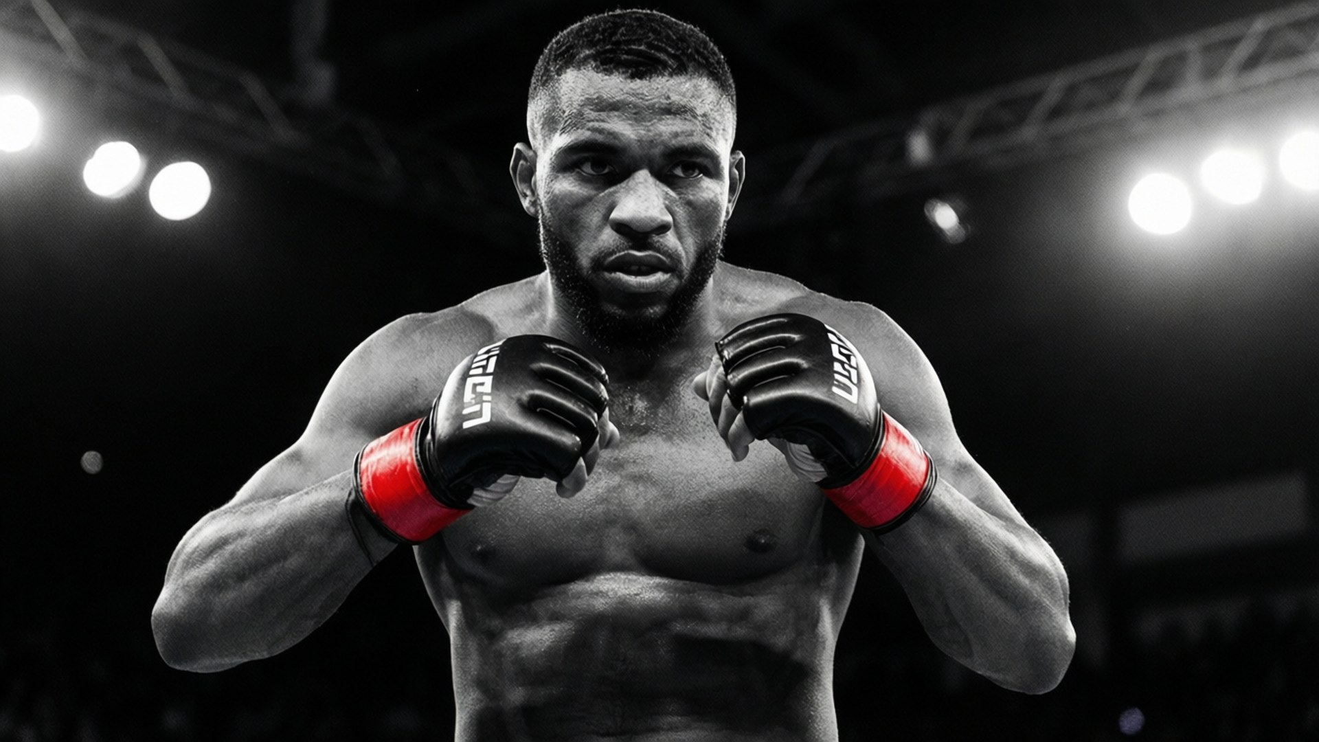 Israel Adesanya 桌布 壁紙 — 一位肌肉發達的戰士戴著紅色和黑色手套，在昏暗的競技場中，在明亮的聚光燈下凝視著。