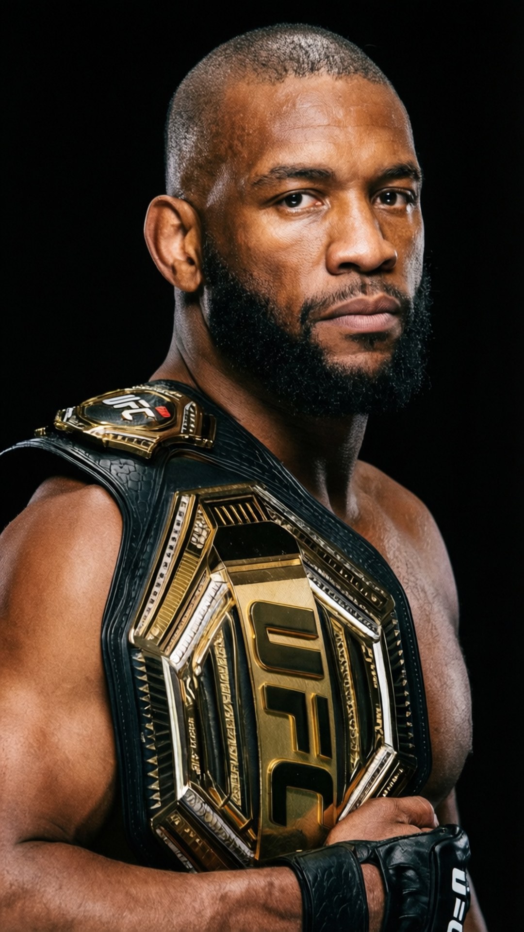Champion with Belt 壁紙 — 一位留鬍鬚的肌肉發達戰士，在深色背景前佩戴閃閃發光的金色和黑色UFC冠軍腰帶。