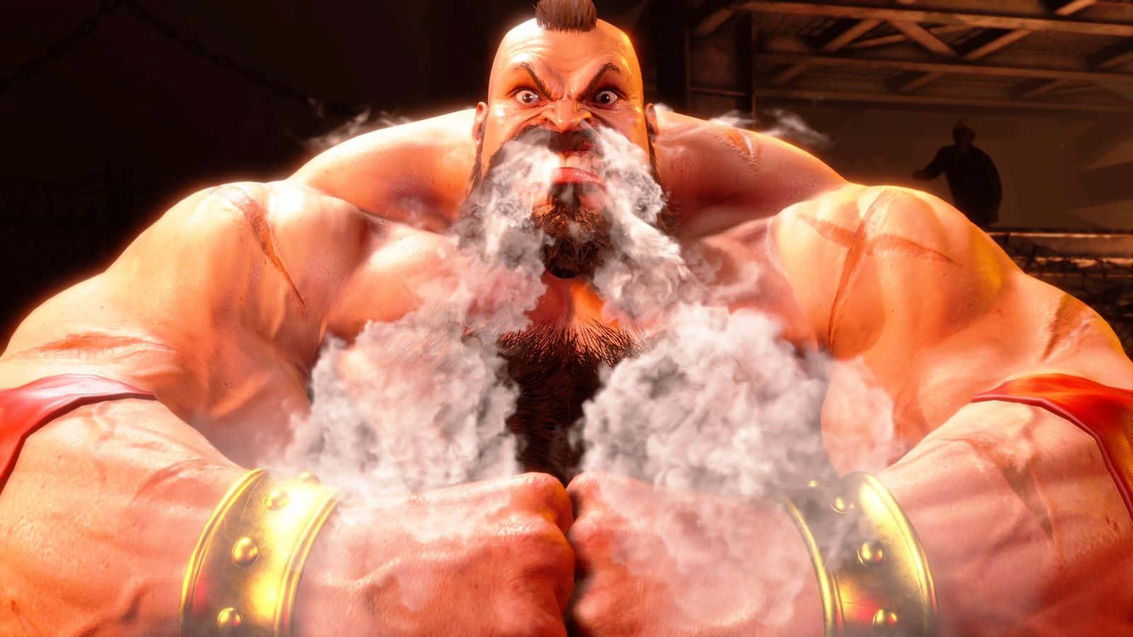  壁紙 — 一個肌肉發達、留著莫霍克頭和鬍子的戰士，在 gritty 的競技場中從緊握的拳頭呼出蒸汽。
