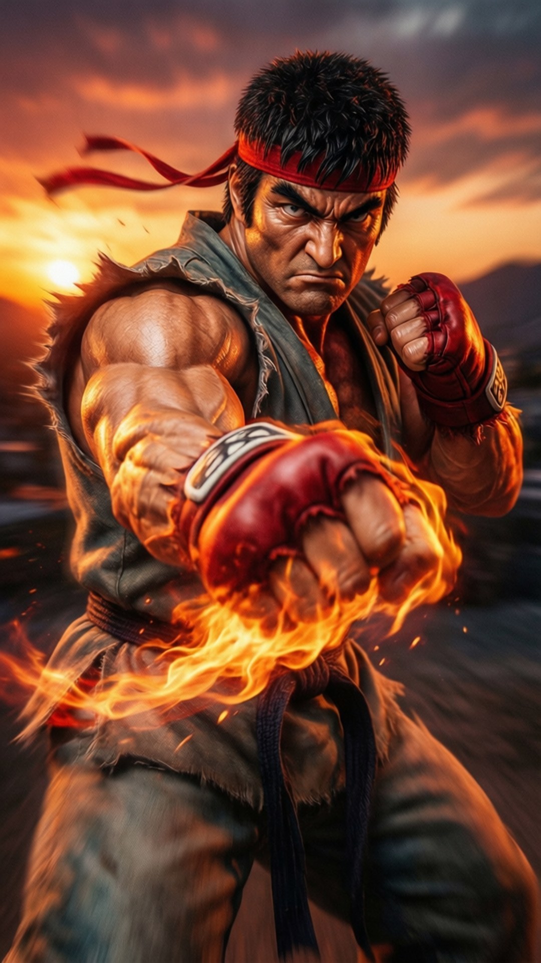 Ken Shoryuken Uppercut 壁紙 — 一個肌肉發達的戰士戴著紅色頭帶，對著夕陽天空打出火焰拳。