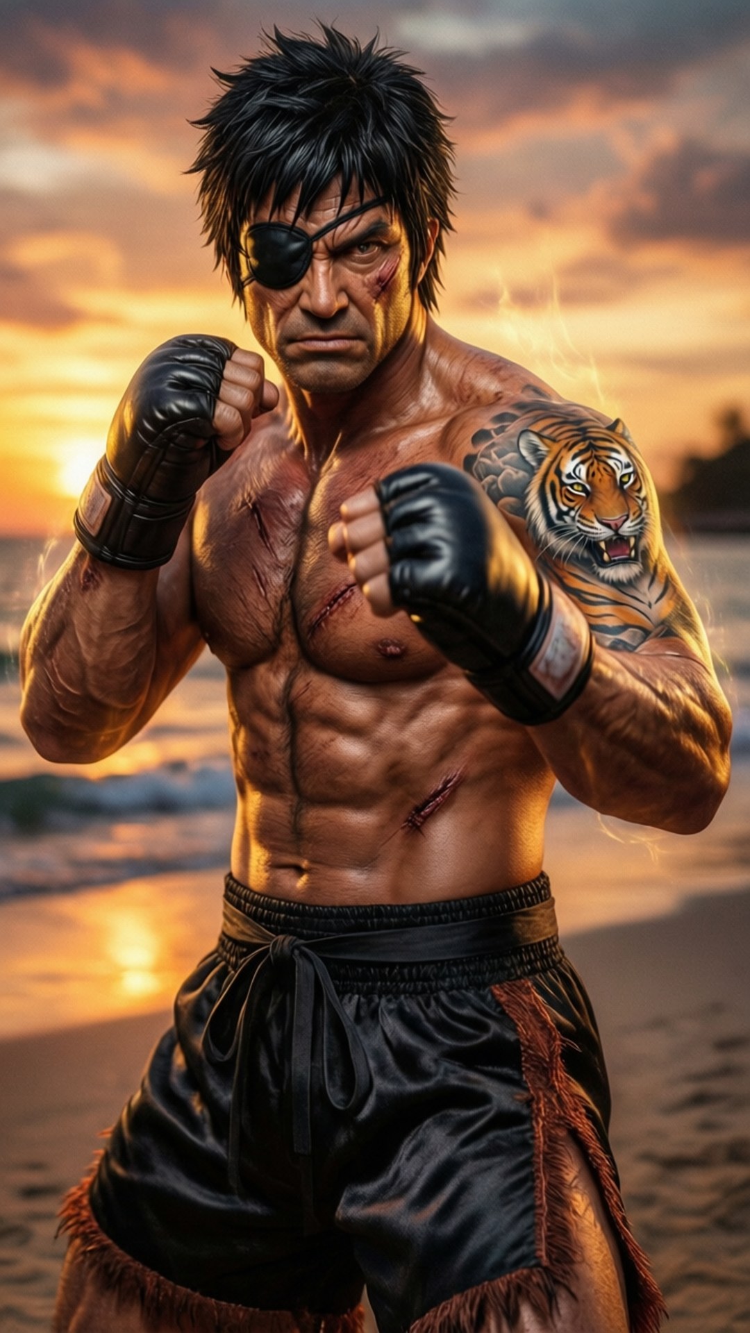 Sagat Muay Thai Warrior 壁紙 — 一個肌肉發達的戰士，身上有老虎刺青和眼罩，在日落時分的沙灘上穿著黑色拳擊手套和短褲，準備就緒。