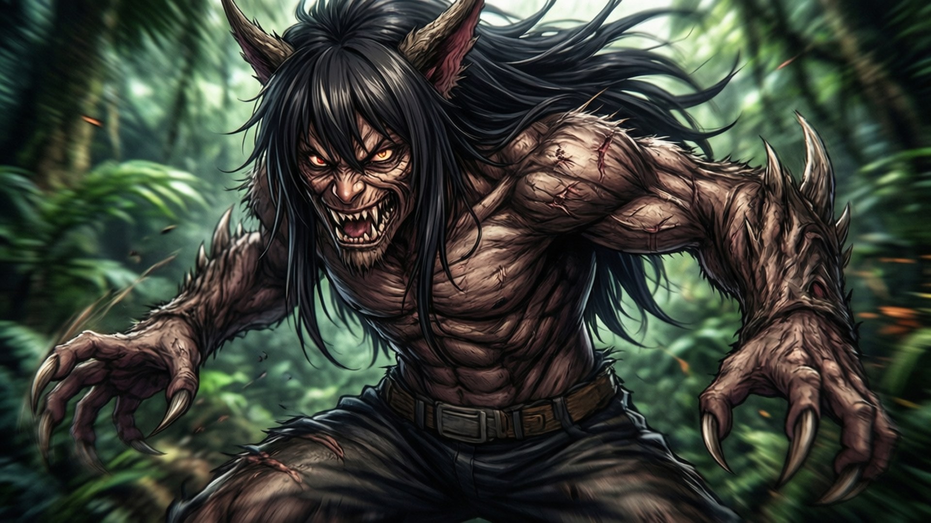 Ghislaine Beast Form 壁紙 — 一個肌肉發達、有角的惡魔，眼睛發光，爪子鋒利，在茂密的綠色叢林中向前猛撲。