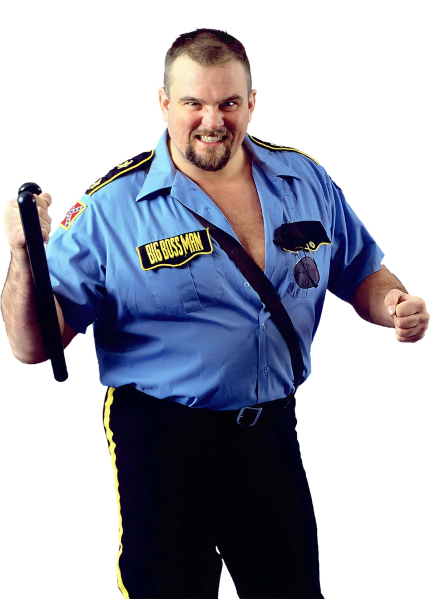  壁紙 — 一個肌肉發達的男人穿著藍色保全制服，上面有 'BIG BOSS MAN' 徽章，手持警棍，在白色背景前露出侵略性的笑容。