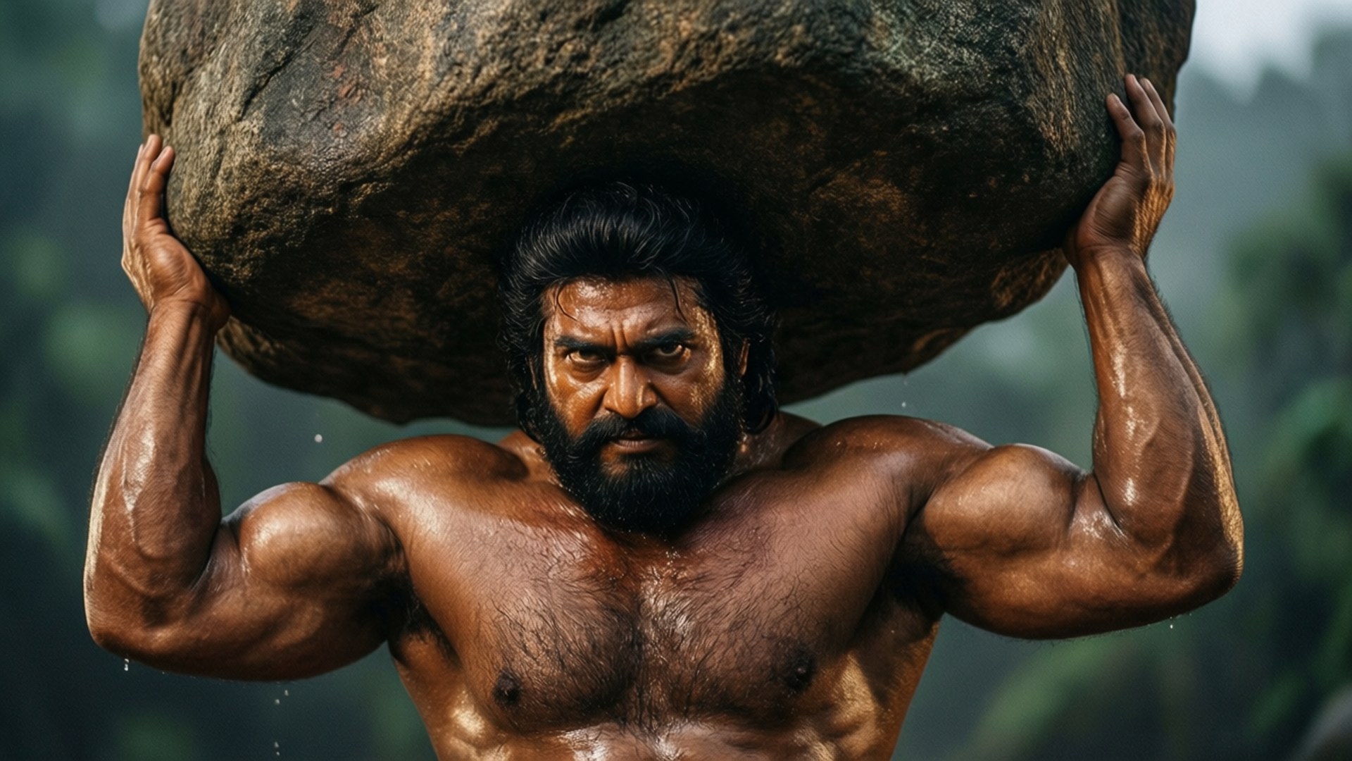 Bheem's Strength 壁紙 — 一個肌肉發達、留鬍子的男人在茂密的綠色森林中將一塊巨大的濕石頭舉過頭頂。