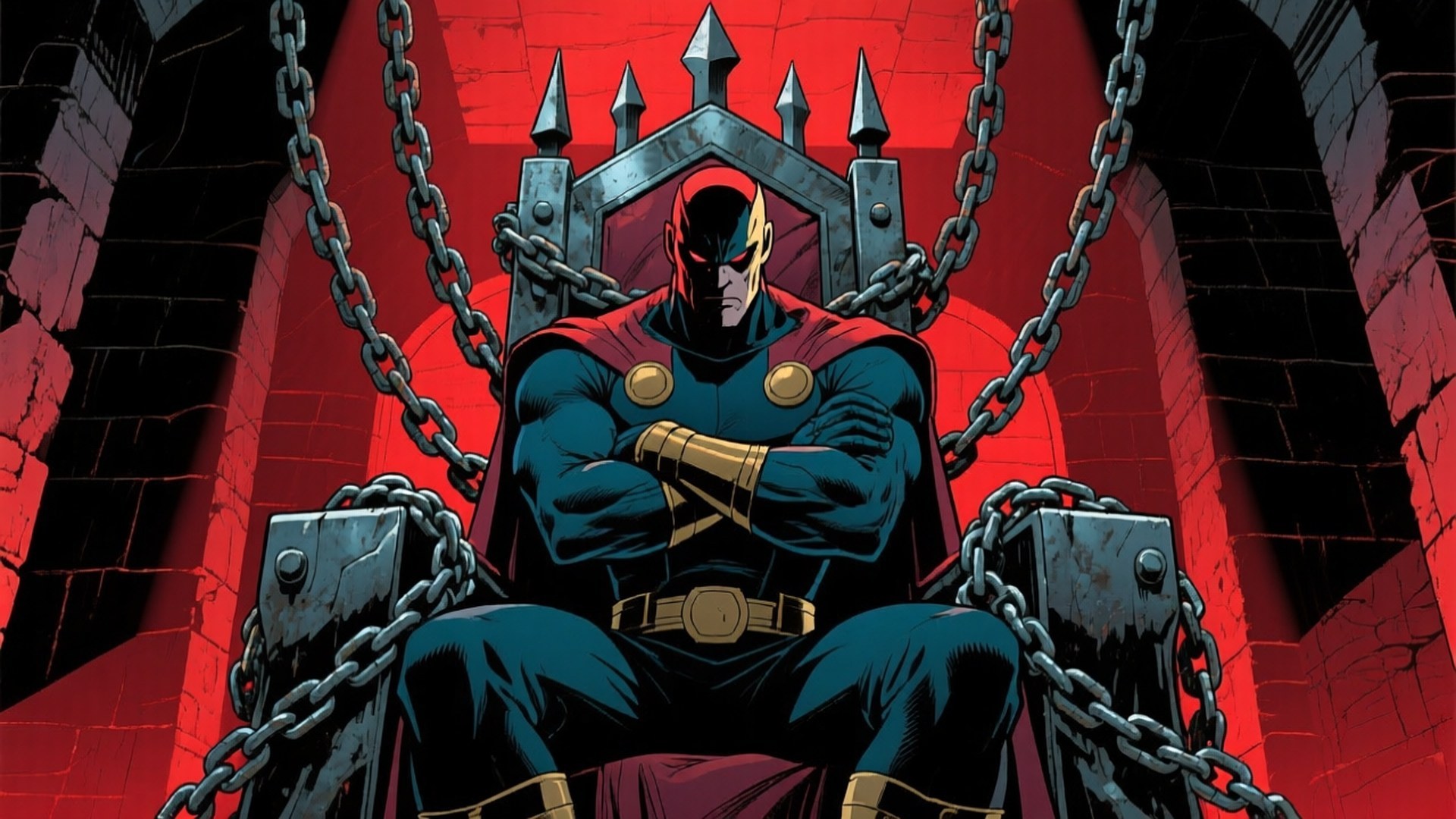 Magneto Metal Throne 壁紙 — 一個肌肉發達的超級英雄穿著藍色和紅色盔甲，挑釁地坐在一個被鎖鏈鎖住的尖刺王座上，位於紅色燈光的石頭地牢中。