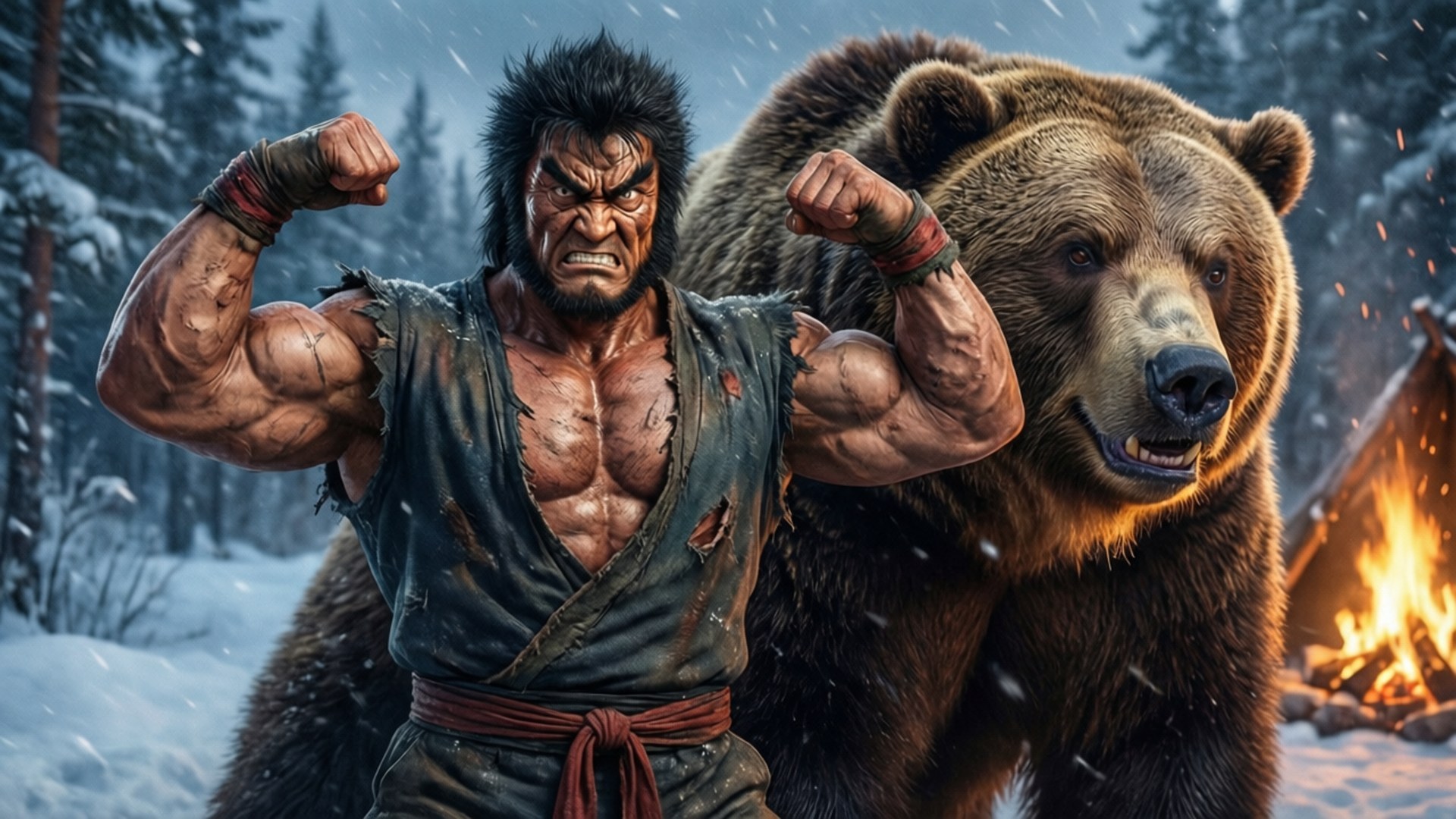 Zangief Siberian Strength 壁紙 — 一個肌肉發達的戰士帶著一隻熊，在雪地森林中營火旁挑釁地站著。