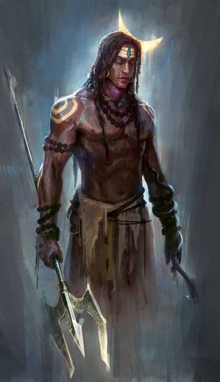 一位肌肉發達、辮子頭髮和部落標記的戰士，在發光的彎月下持矛。 — 濕婆 壁紙
