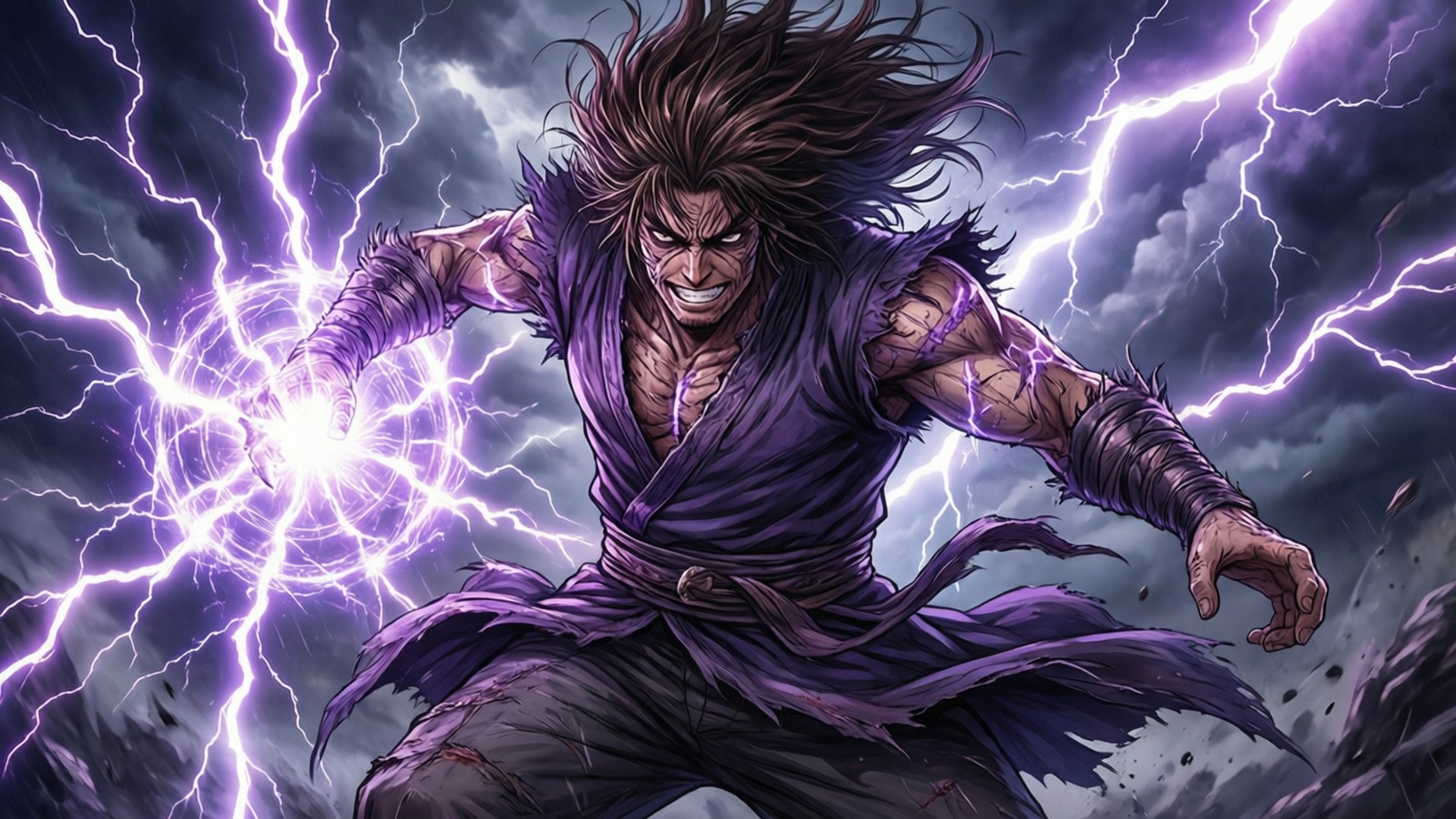 Lightning Lord 壁紙 — 一個肌肉發達、頭髮狂野的戰士，在暴風雨的天空下，從他伸出的手中釋放出噼啪作響的紫色閃電。
