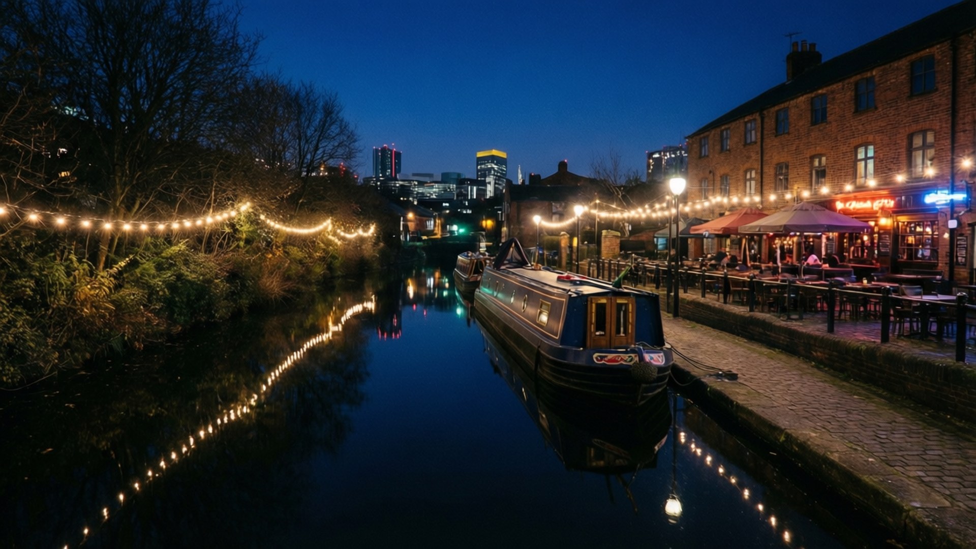 Canal Nights in Birmingham 壁紙 — 黃昏時分，一條狹窄的運河倒映著燈串和停泊的船隻，旁邊是一座帶有戶外座位的磚砌建築。