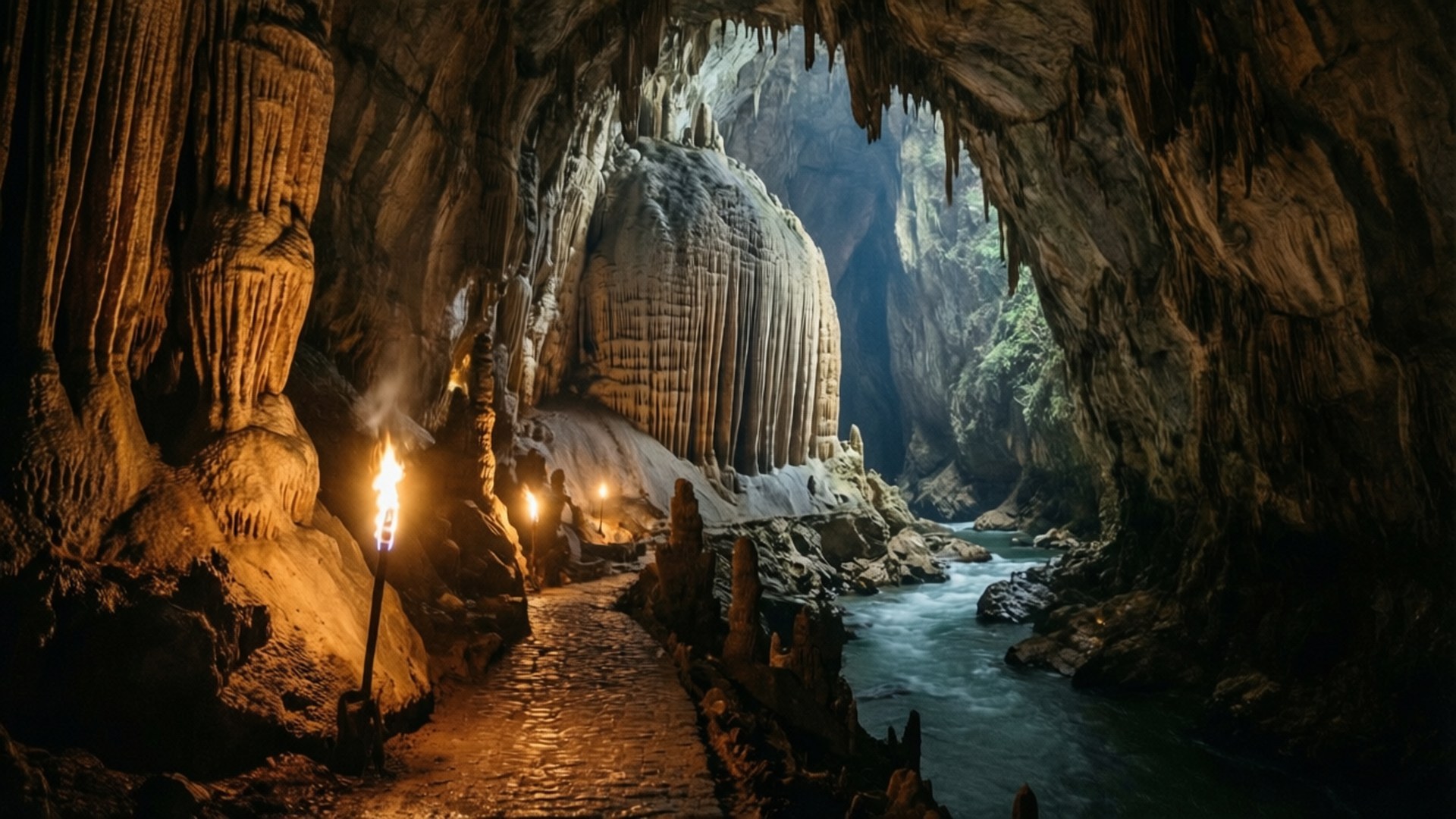 Camuy Caves Underground 壁紙 — 一條狹窄的小路被火把照亮，蜿蜒穿過一個巨大的洞穴，內有高聳的石筍和下方奔騰的河流。