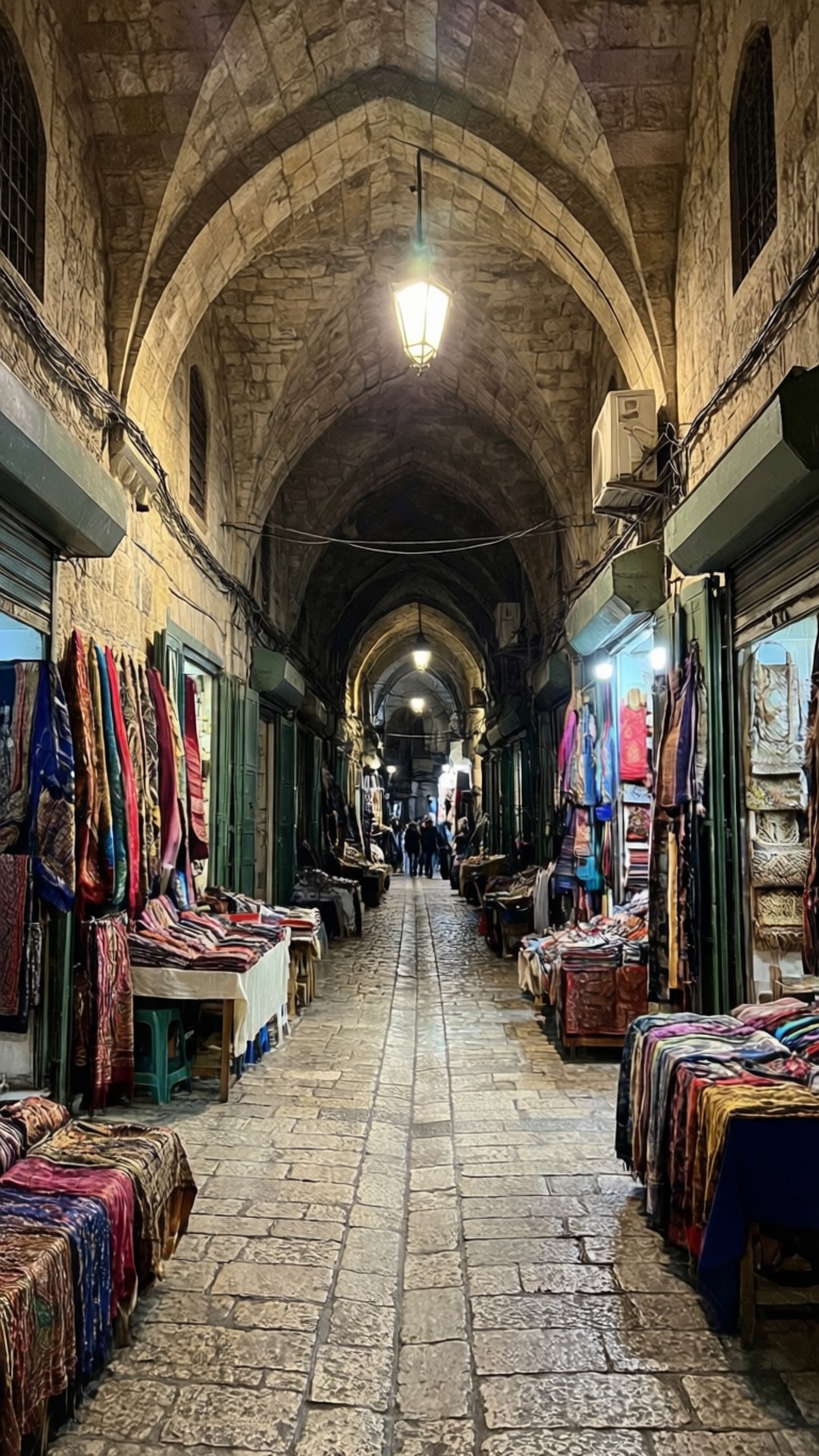 Hebron Market Alley 壁紙 — 一條狹窄的石頭小巷，有拱形天花板和懸掛的燈籠，兩旁擺滿了色彩繽紛的紡織品和木製攤位。