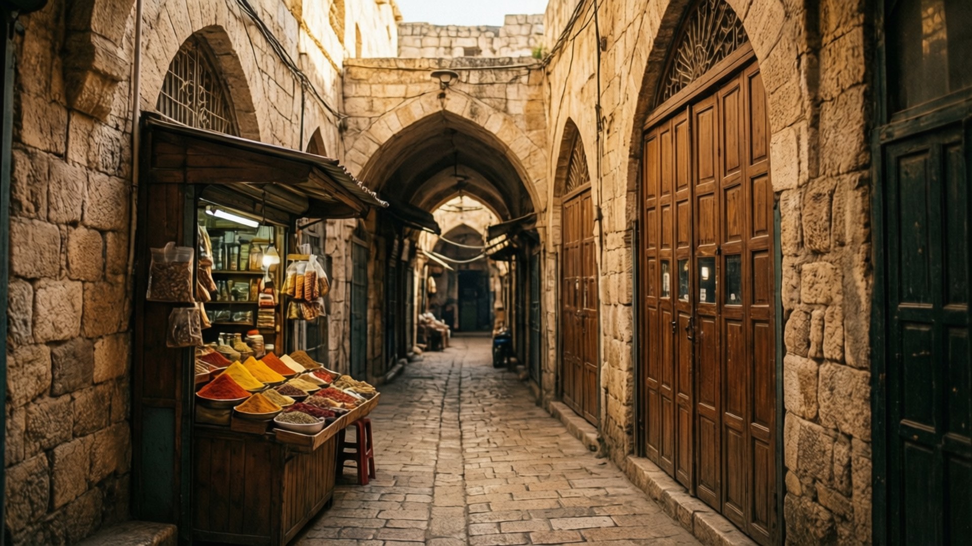Hebron Old City Market 壁紙 — 一條狹窄的石頭小巷，有拱形門口和一個在溫暖燈光下閃耀的香料攤位。
