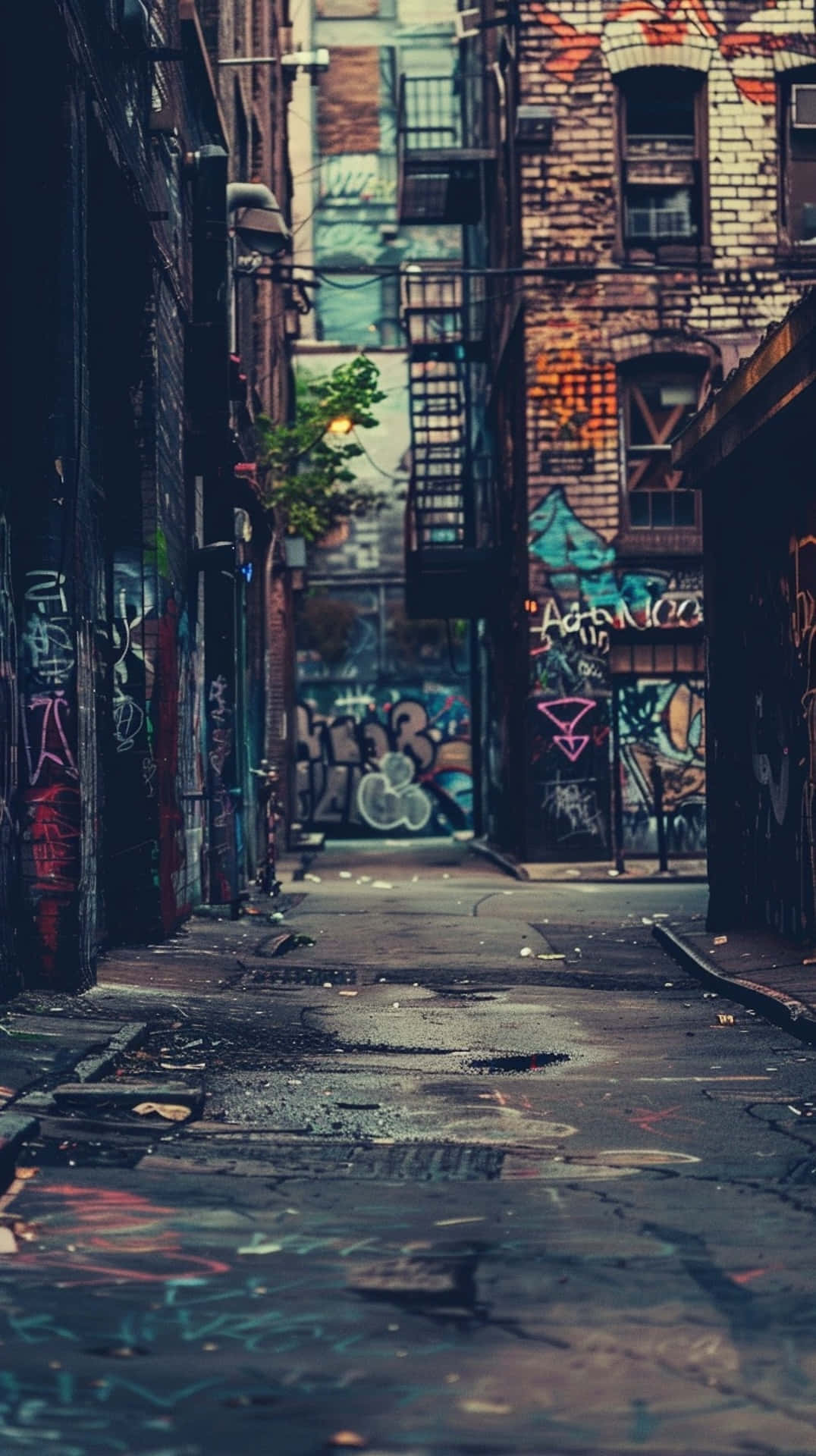  壁紙 — 一條狹窄的城市小巷，兩旁是磚砌建築，在昏暗的燈光下覆蓋著充滿活力的塗鴉。