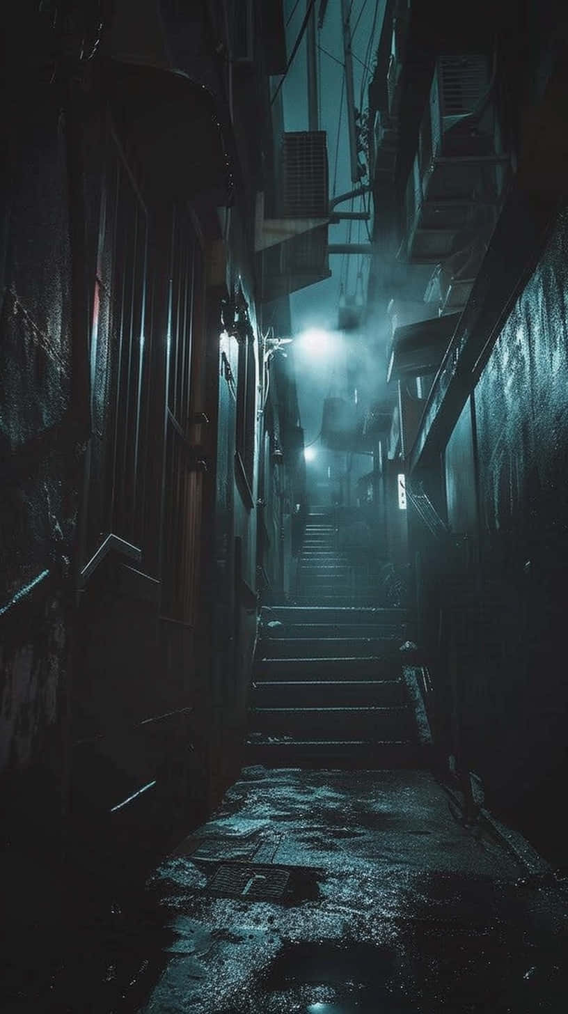  壁紙 — 夜晚一條狹窄潮濕的小巷，遠處的路燈在潮濕的牆壁和樓梯上投下詭異的藍色陰影。