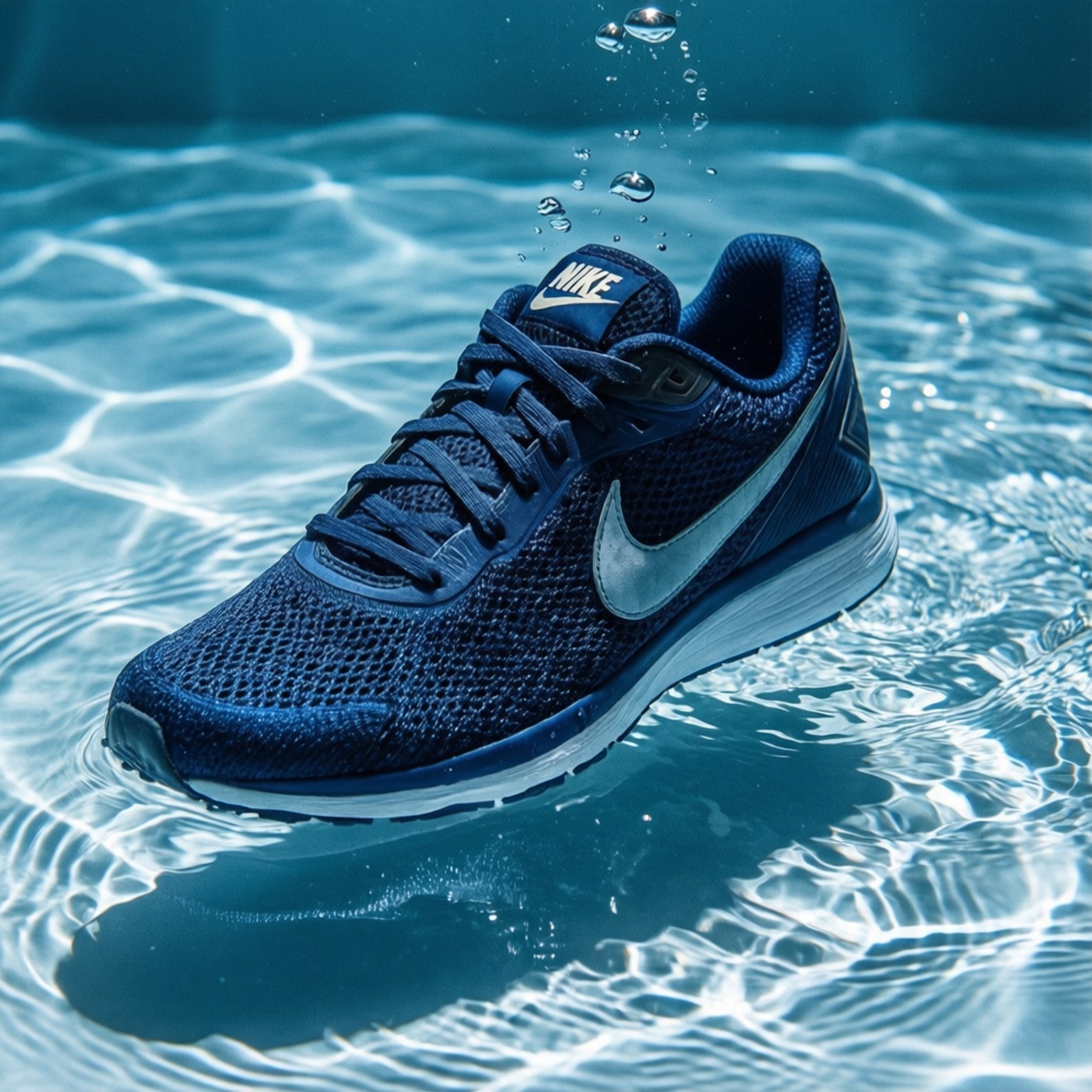 Underwater Nike 壁紙 — 一雙海軍藍色的Nike跑鞋漂浮在清澈的藍色水中，周圍有氣泡升起。