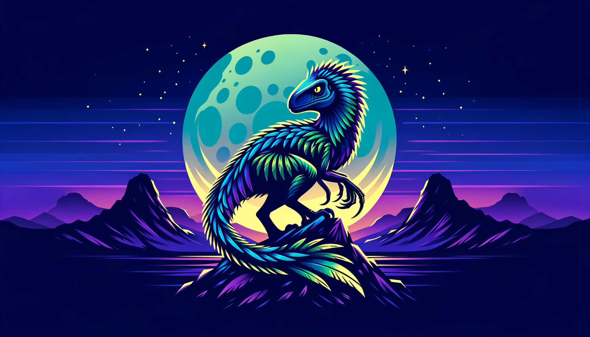  壁紙 — 一隻霓虹色的恐龍站在山頂上，在發光的月亮下，構成充滿活力的復古未來主義夜景。