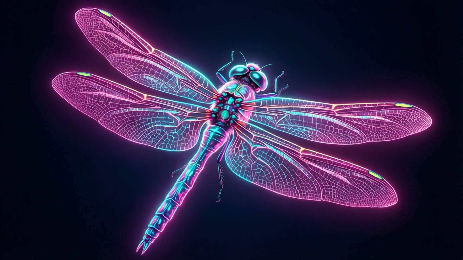 Neon Dragonfly 壁紙 — 一隻霓虹蜻蜓在深黑色背景上發出電光粉紅和青色的光芒。