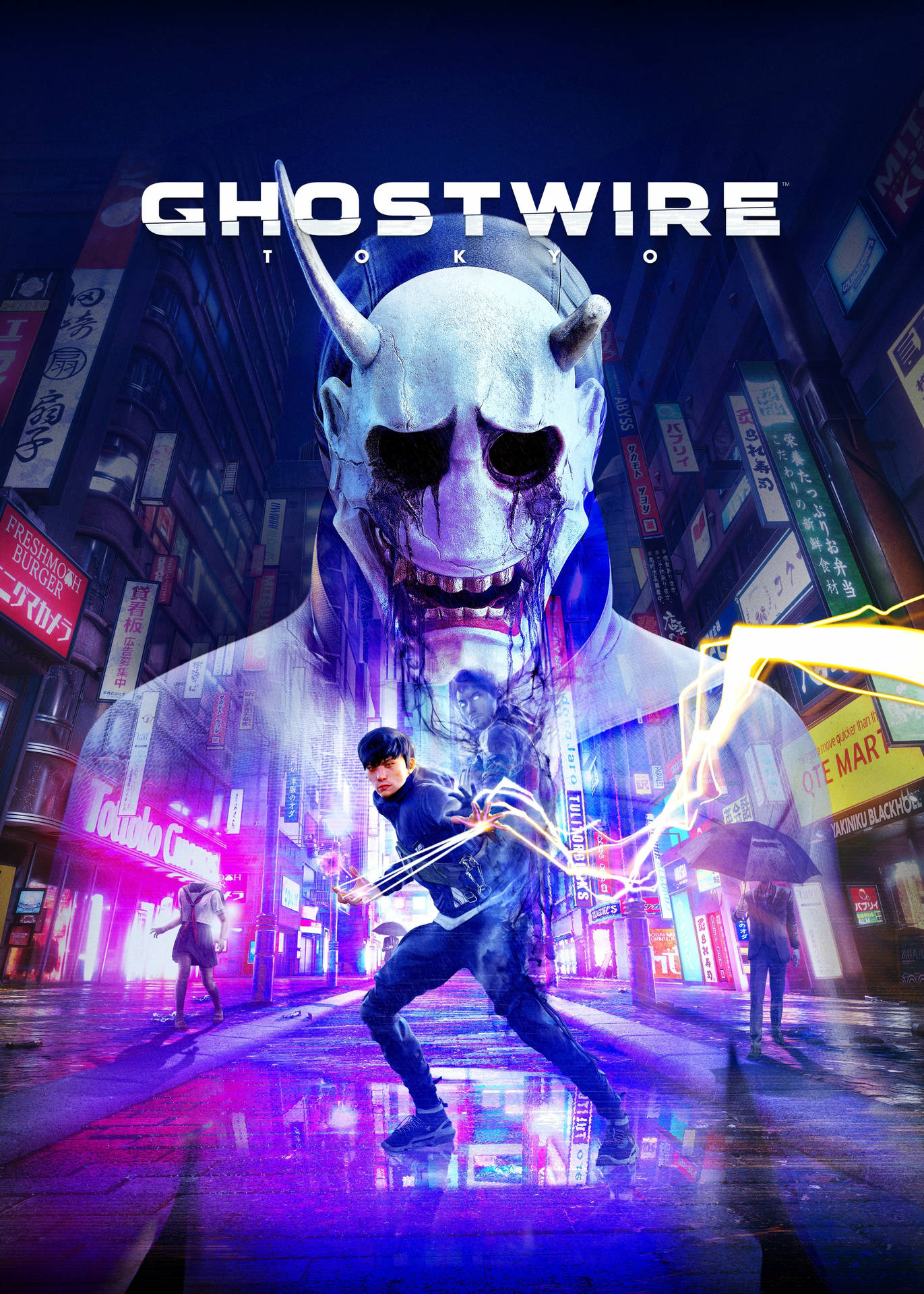 一名遊戲主角在夜晚霓虹燈閃爍的東京街頭與巨型幽靈戰鬥。 — Ghostwire Tokyo 壁紙