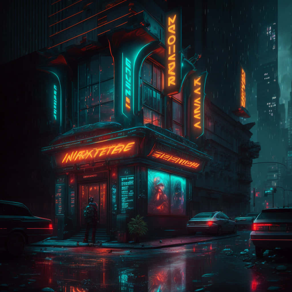  壁紙 — 一個霓虹燈照亮的賽博朋克劇院在雨夜中發出紅色和藍綠色的光芒，映照在濕漉漉的路面上，一個孤獨的身影站在入口處。