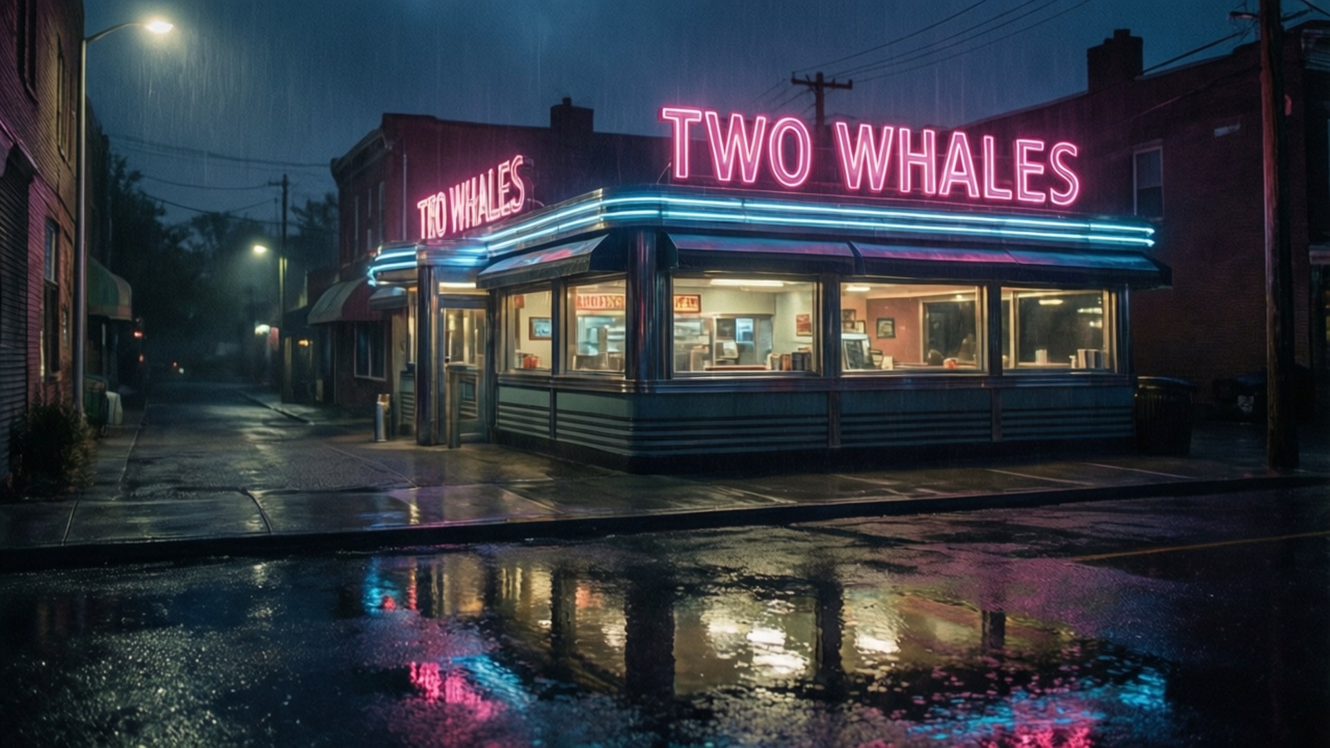 Rainy Night Diner 壁紙 — 一間名為 Two Whales 的霓虹燈餐廳在雨夜中閃爍著粉紅色和藍色，其倒影在濕漉漉的路面上閃爍。
