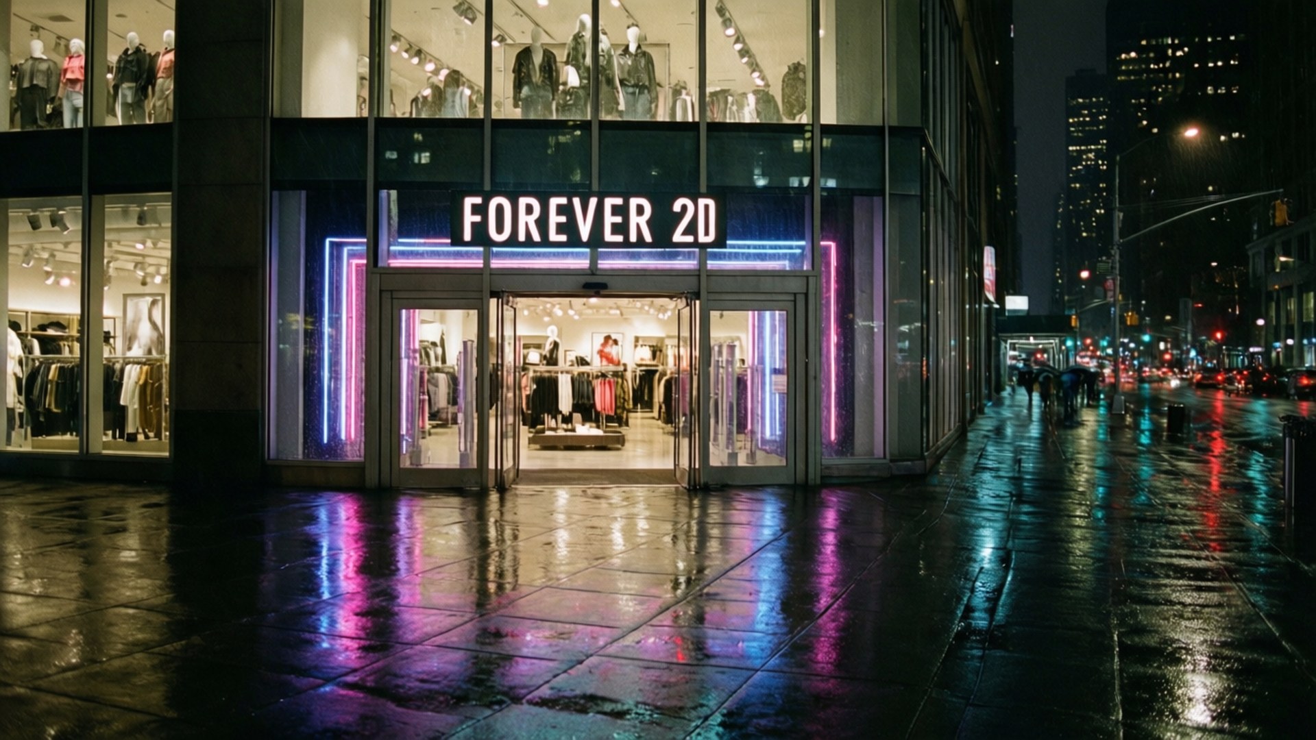 Night Store Rainy 壁紙 — 一間霓虹燈照亮的Forever 20商店在夜晚發光，其鮮豔的燈光在黑暗的天空下反射在濕漉漉的城市路面上。