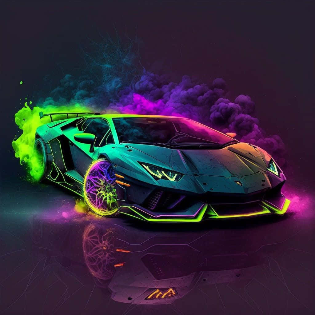  壁紙 — 一輛霓虹燈光跑車在黑暗背景上飄移，伴隨著發光的綠色和紫色煙霧。