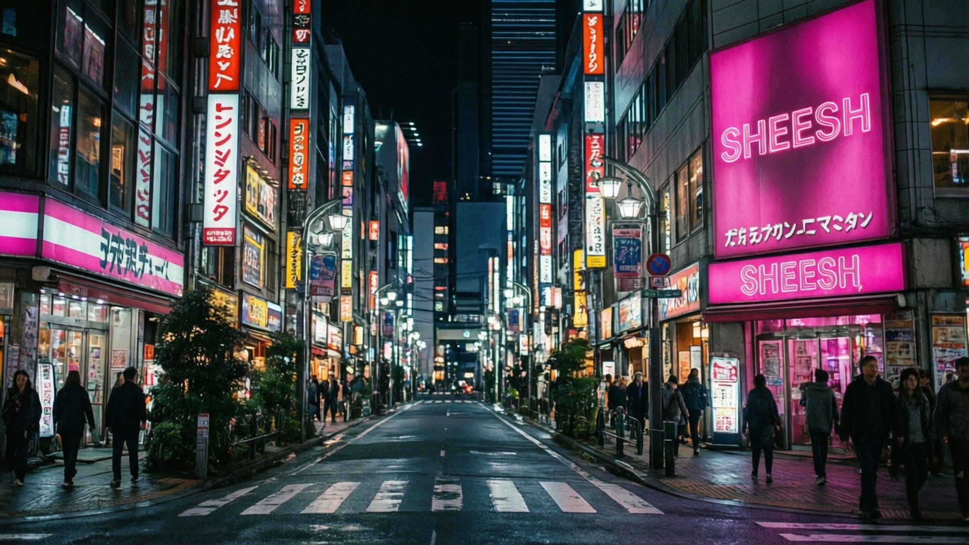Sheesh Tokyo Nights 壁紙 — 夜晚東京的霓虹燈街道，有發光的粉紅色招牌和行人走在明亮的燈光下。
