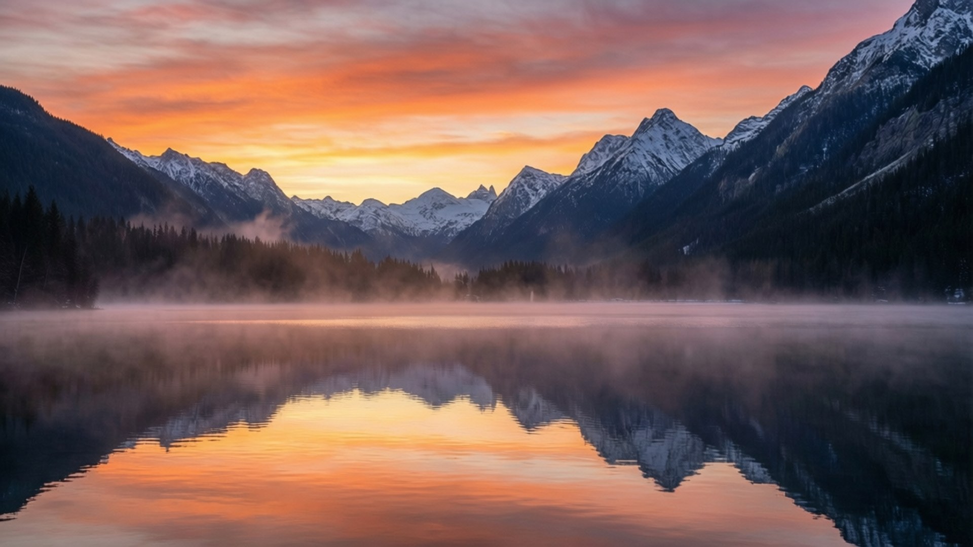 Mountain Lake Sunrise 壁紙 — 寧靜的山湖倒映著火紅的橙色和粉紅色日出色調，薄霧在平靜的水面上飄移，兩側是白雪覆蓋的山峰。