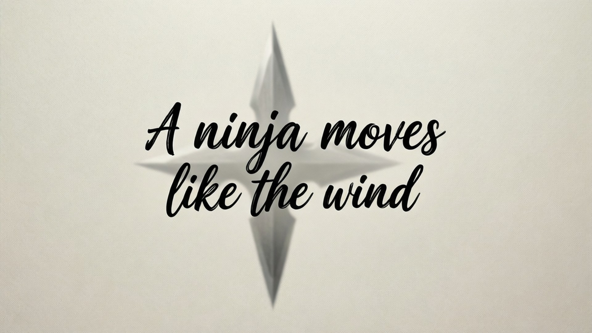 Ninja Wind Quote 壁紙 — 黑色書法引言寫著「忍者如風般移動」，居中於灰色摺紙星星之上，背景為淺米色。