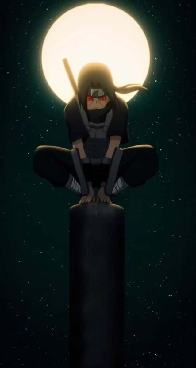  壁紙 — 一個紅眼忍者坐在柱子上，背景是星光熠熠的夜空，一輪明亮的滿月高懸。