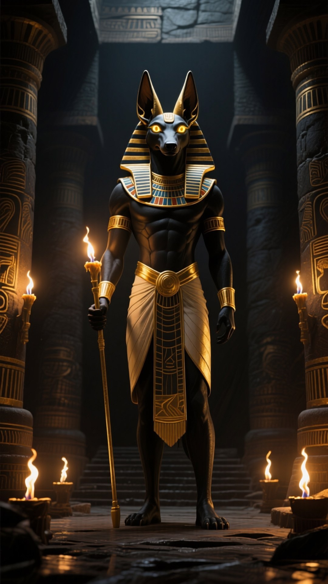 Anubis in the Temple 壁紙 — 阿努比斯威嚴地站在燈光昏暗的埃及神廟中，手持火炬，金色的眼睛在閃爍的燭光中閃耀。