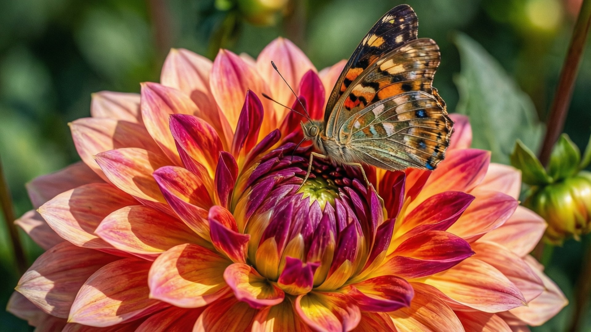 Butterfly Visitor 壁紙 — 一隻小紅蛺蝶輕輕停在一朵鮮豔的大麗花上，花瓣層層疊疊，呈現粉紅、橙色和紫色。