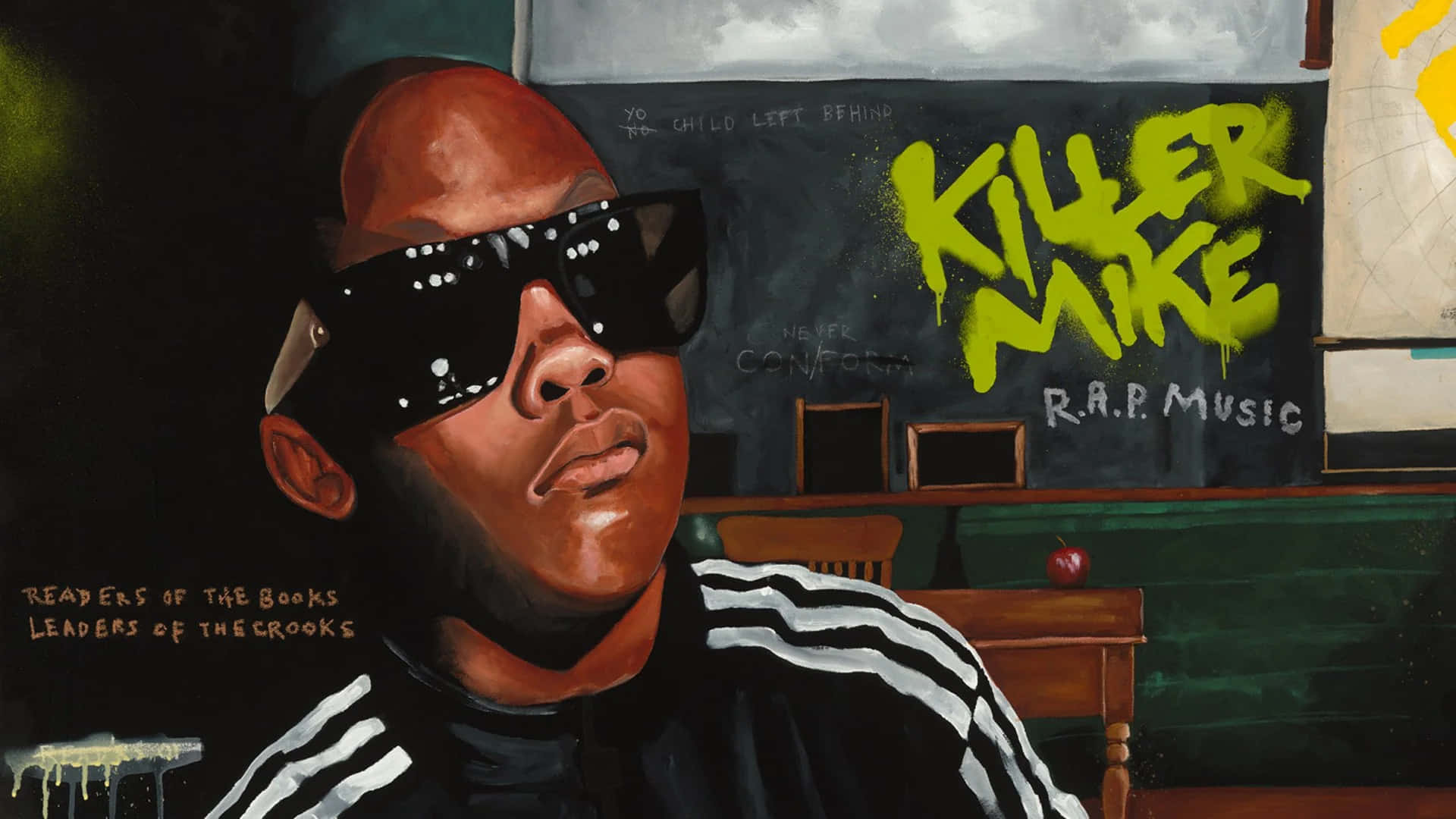  壁紙 — 一幅Killer Mike在教室內的畫像，戴著超大太陽眼鏡和條紋外套，身後的的黑板上有塗鴉。